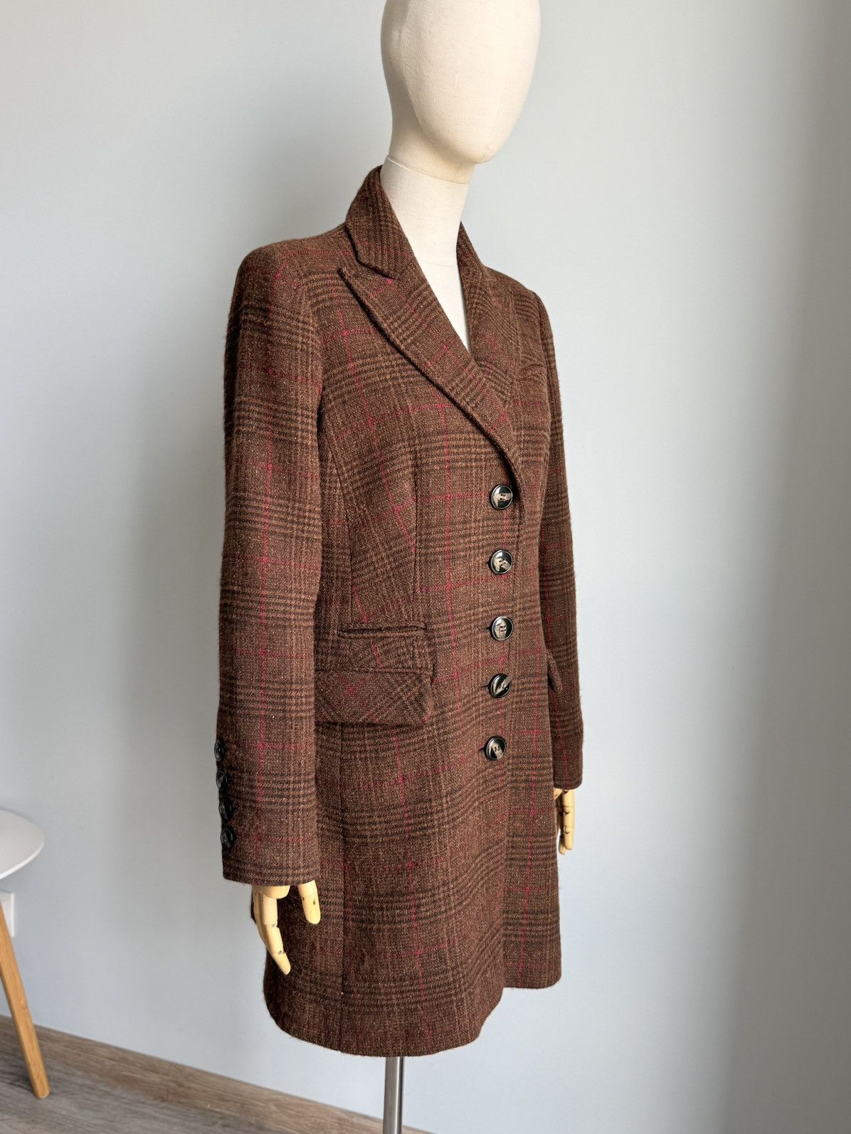 Sezane Sézane Brown Tweed Red Windowpane Wool Coat Tailored Size S / US 4 / IT 40 - 7 Thumbnail