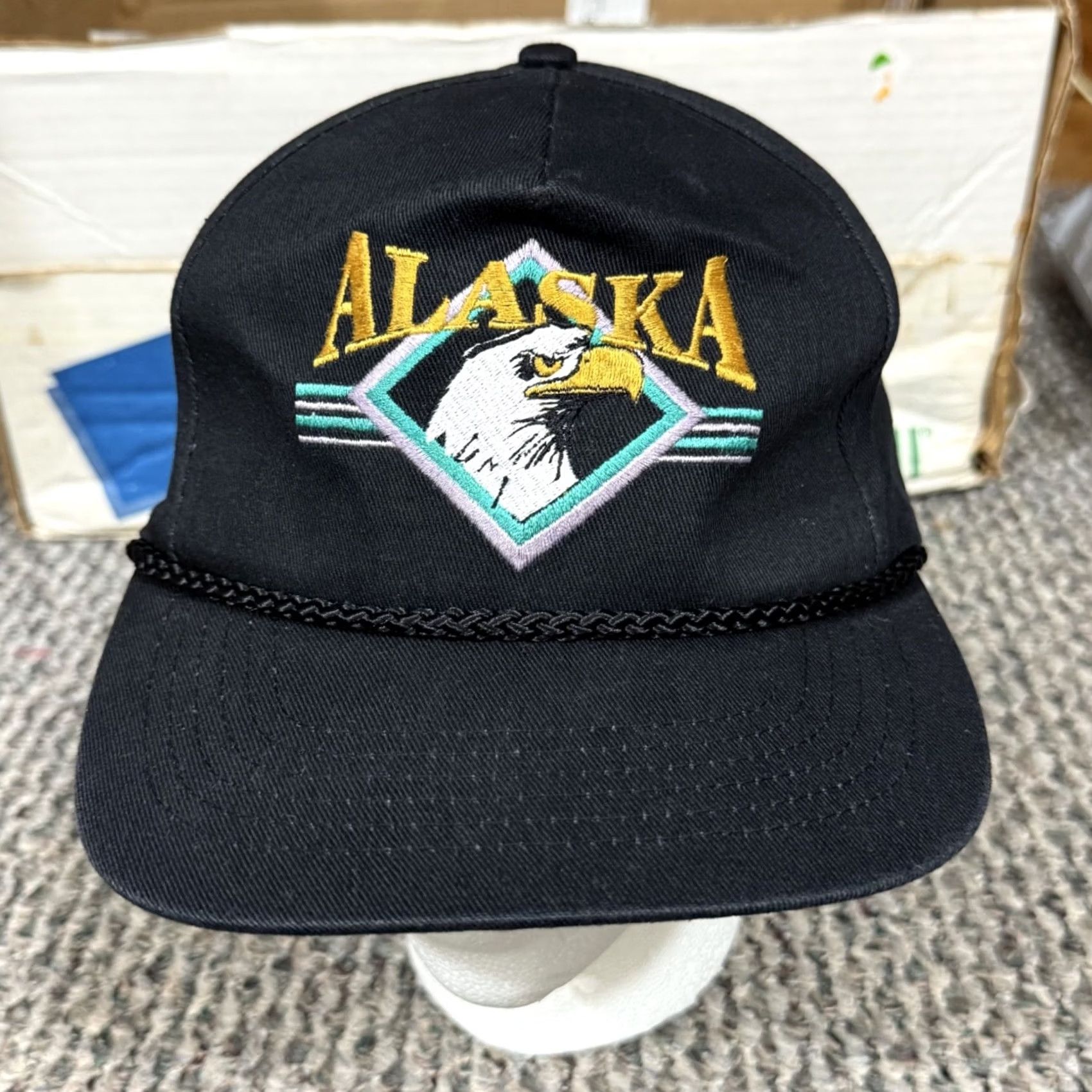Vintage VINTAGE Alaska Hat Black Rope Snapback Bald Eagle 80s Trucker Outdoor USA KC Collections Men One Size Adjustable Baseball Cap Mens Black USA Outdoors Size ONE SIZE - 2 Thumbnail