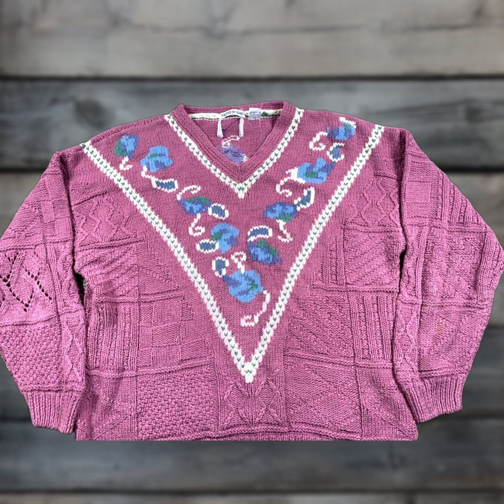 Vintage VINTAGE Women's Sweater XL Pink Paisley Hand Knit V-Neck Heavyweight Cotton Ramie 90s Hippie Retro Womens Size XL / US 12-14 / IT 48-50 - 1 Thumbnail