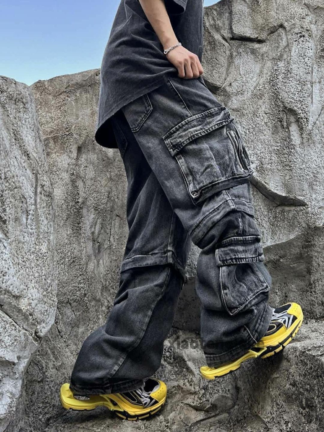 Designer Unisex washed faded loose baggy skate cargo hiphop pants Size US 30 / EU 46 - 5 Thumbnail