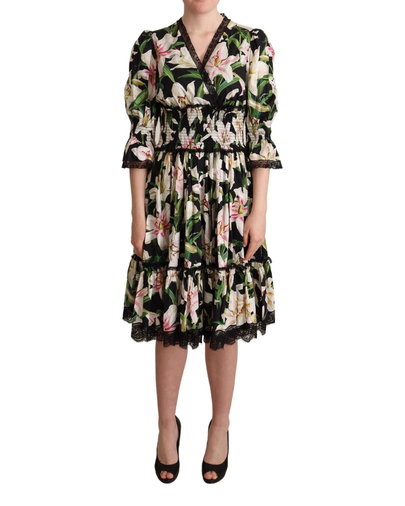 image of Dolce Gabbana Lily Print Lace Trim Dress in Black, Women's (Size XS)