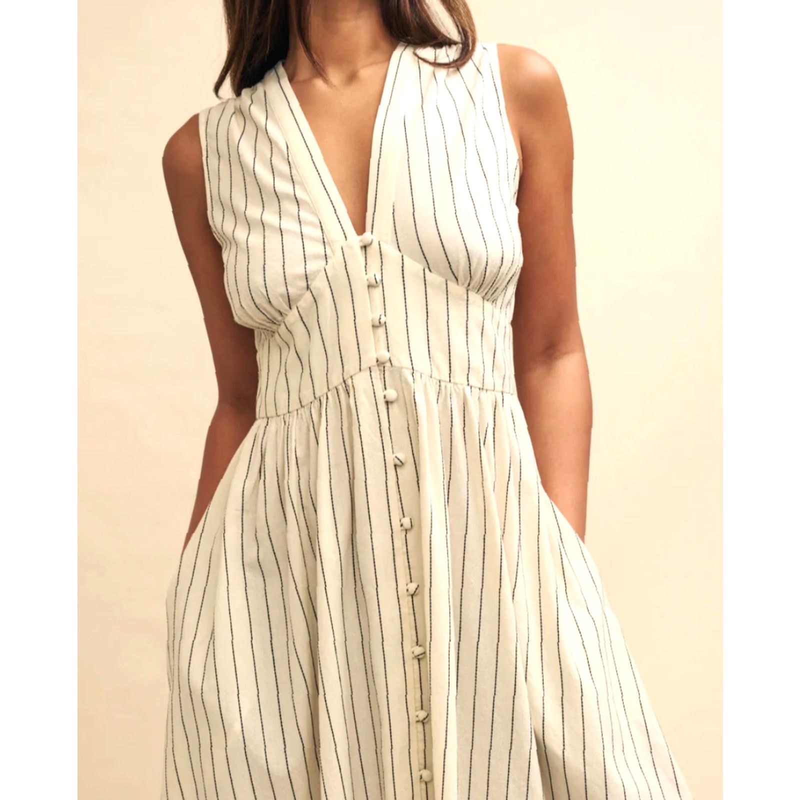 Vintage Nobody's Child Starlight Midi Dress Sleeveless Cream Pinstripe Size US 0 Womens A-Line Vintage NWT VINTAGE Size XS / US 0-2 / IT 36-38 - 3 Thumbnail