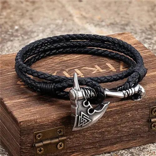 Jewelry x Vintage Axe Multilayer Charm Leather Bracelet in Black, Men's