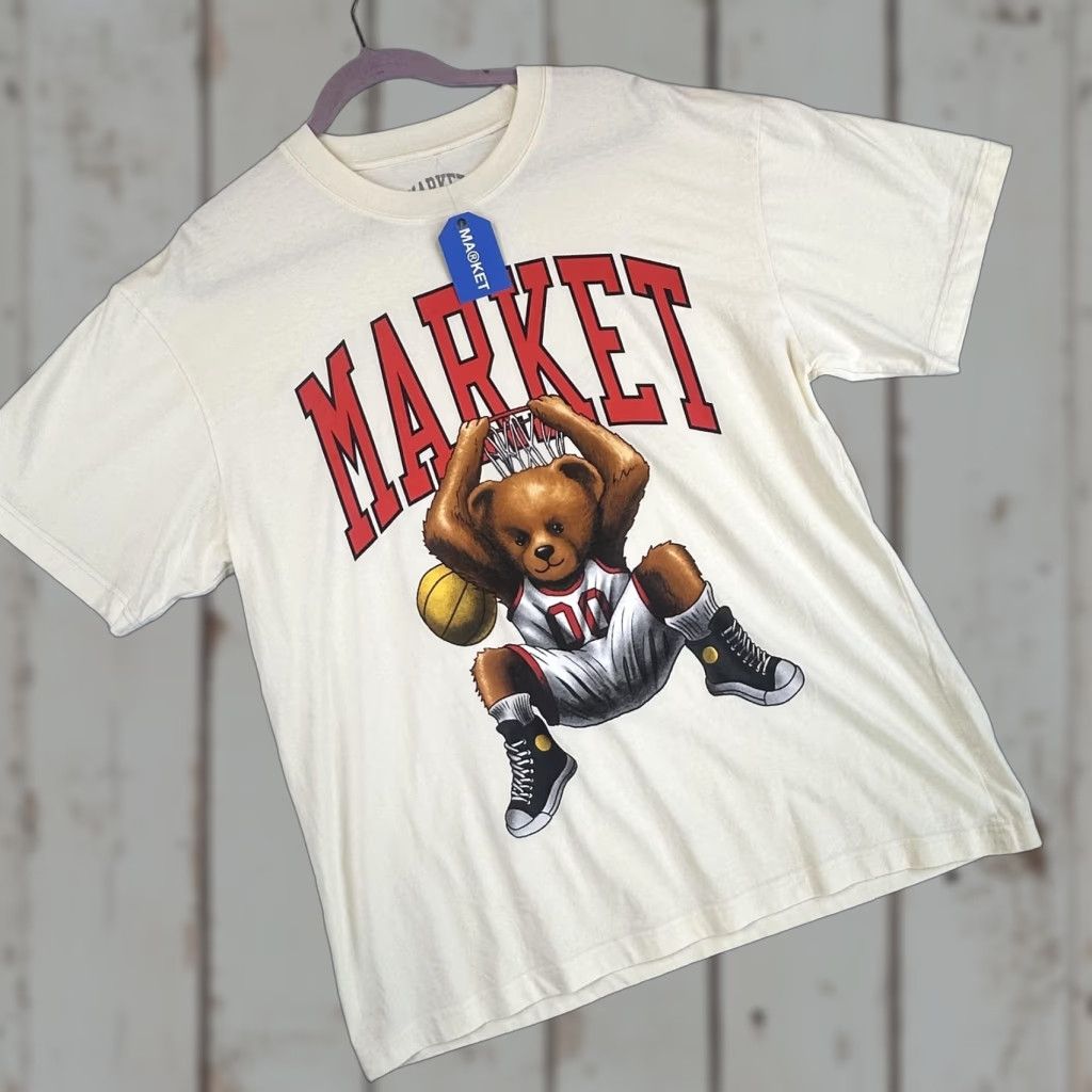 Market Market Shirt Mens Large Ivory Basketball Graphic Tee 100% Cotton Teddy Bear Streetwear Sports Animals Crew Neck Short Sleeve Size US L / EU 52-54 / 3 - 1 Thumbnail