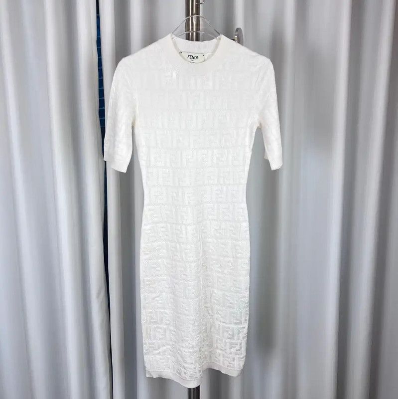 Fendi Fendi White Cotton Short Sleeve Dress 0089 Size S / US 4 / IT 40 - 1 Thumbnail