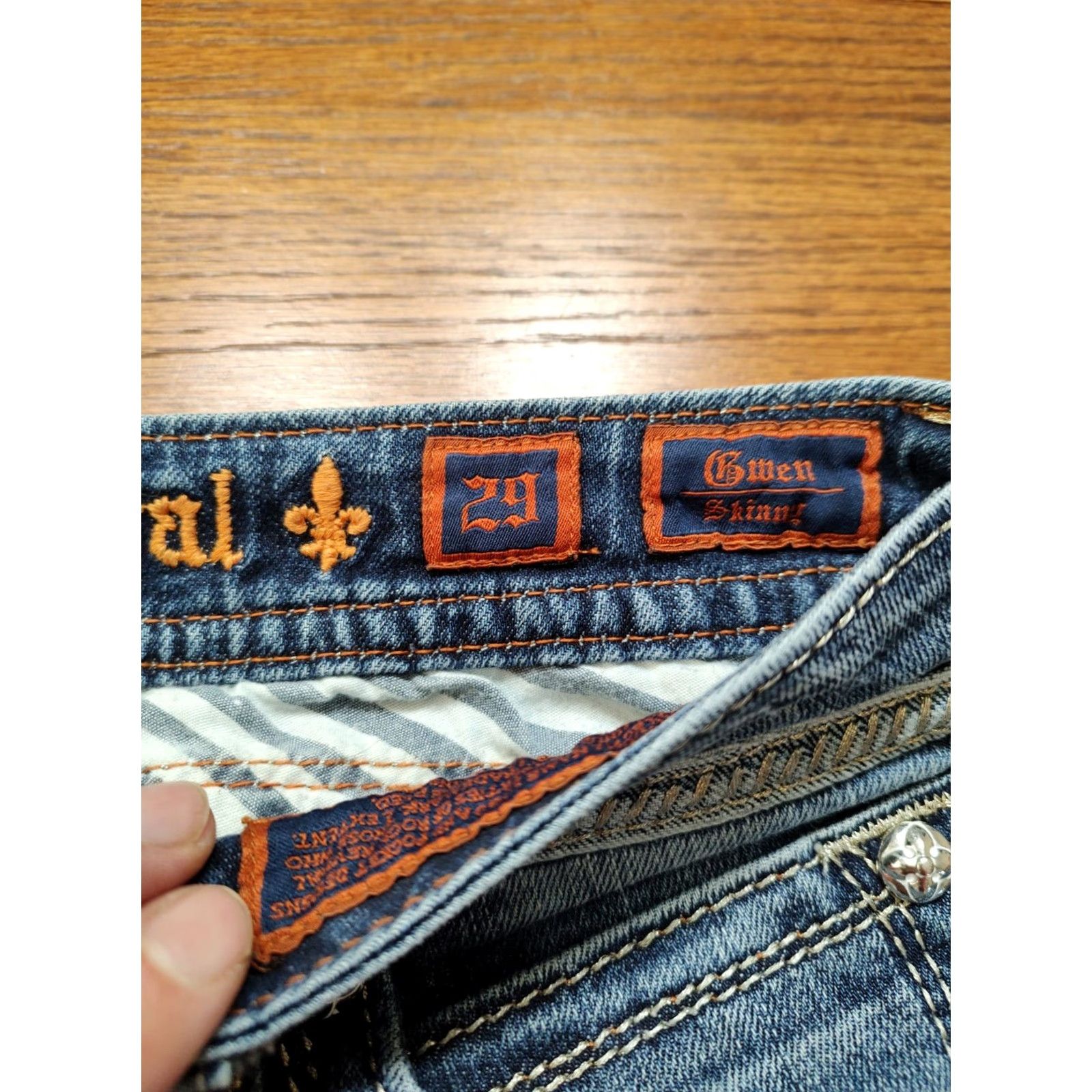 Vintage VINTAGE Rock Revival Gwen Skinny Jeans Denim Blue Thick Stitch Button Flap Womens 29x34 Size 29" - 5 Thumbnail