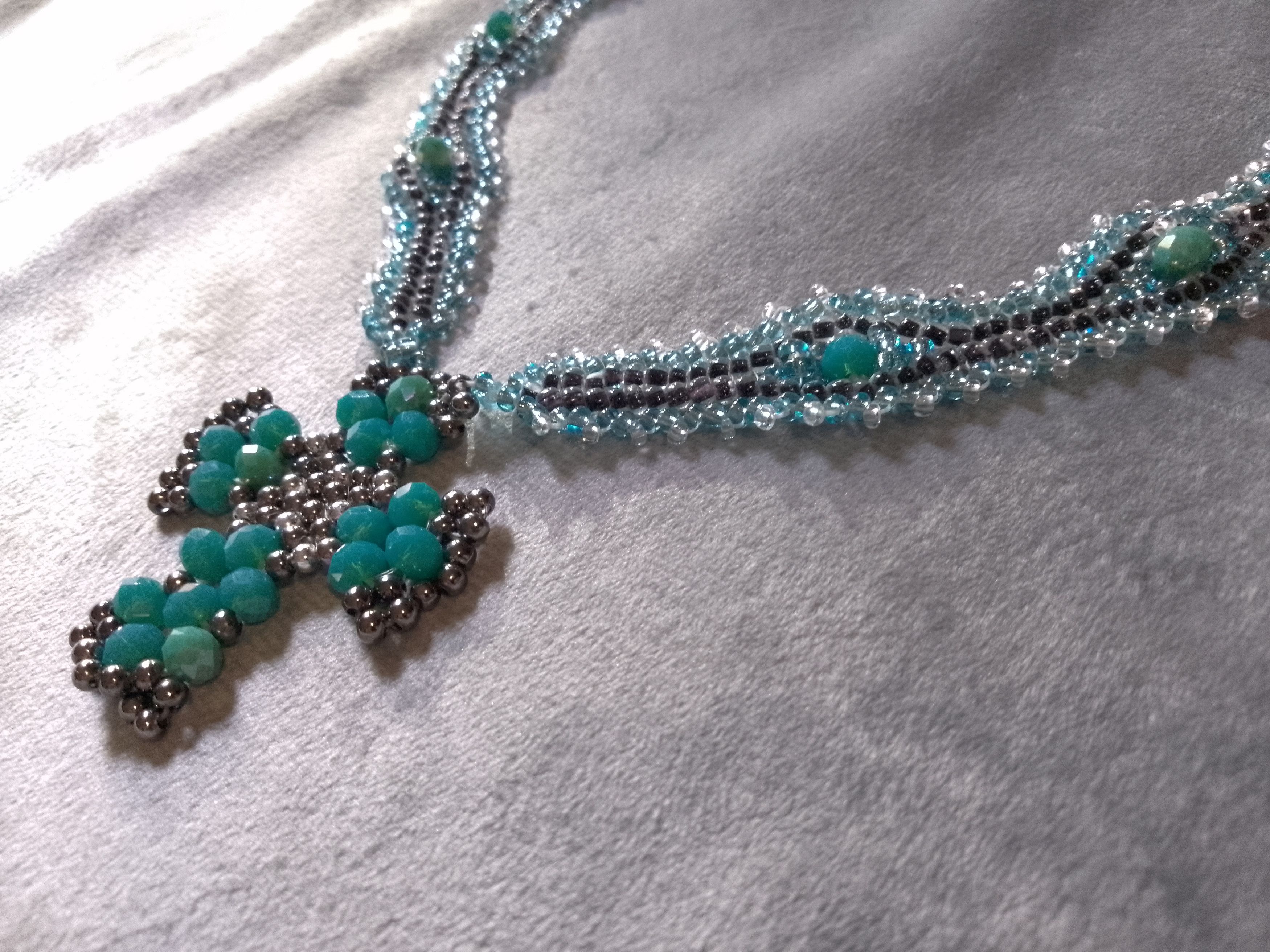 Handmade Necklace Pendant Cross Beaded Crystals Black Turquoise Size ONE SIZE - 5 Thumbnail