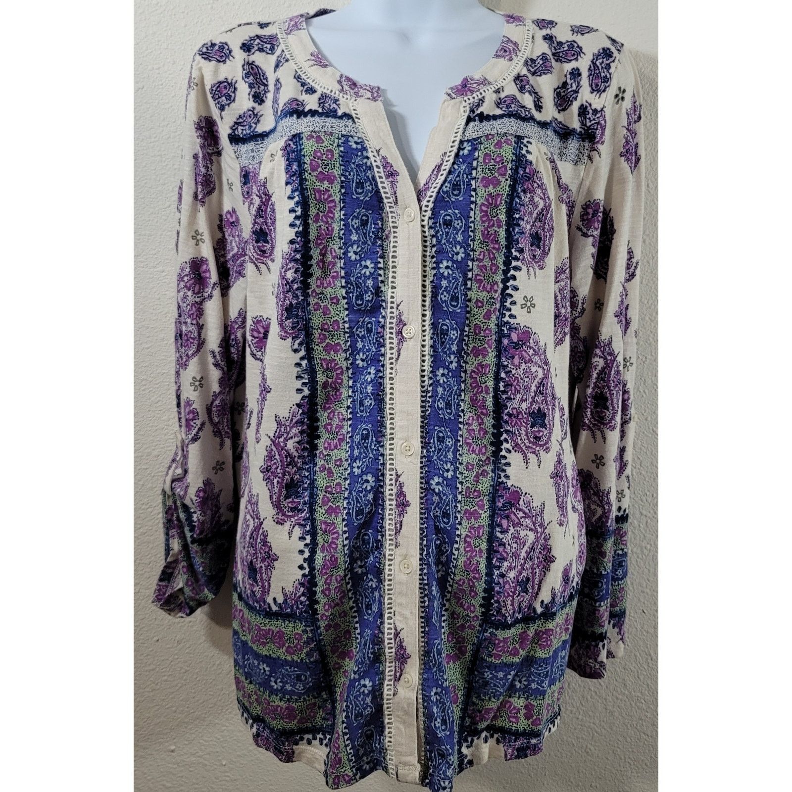 Other Style & Co Purple Blue Cream Floral Print Button Top Large Size L / US 10 / IT 46 - 1 Thumbnail