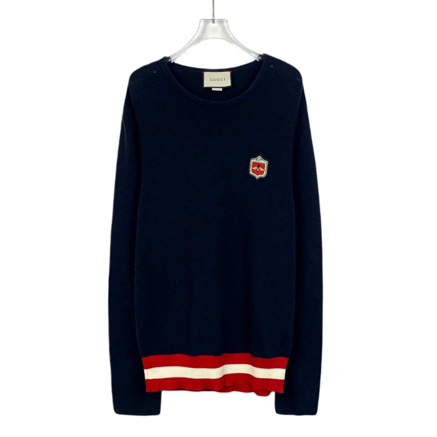 Gucci Gucci Mens Navy Wool & Cotton Sweater With Crest & Stripes M Size L / US 10 / IT 46 - 1 Thumbnail