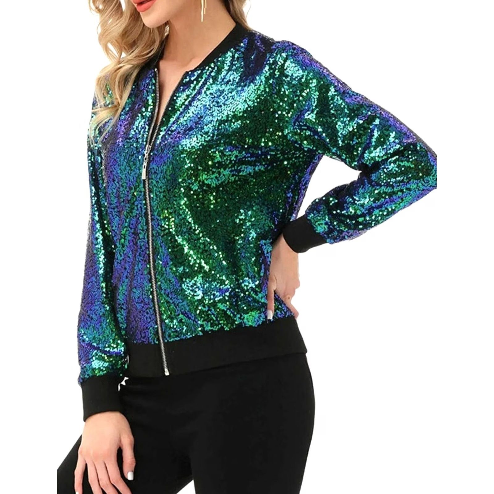 Vintage Kancy Kole Green Sequin Front Zip Long Sleeve Party Bomber Jacket Women's L Size L / US 10 / IT 46 - 3 Thumbnail