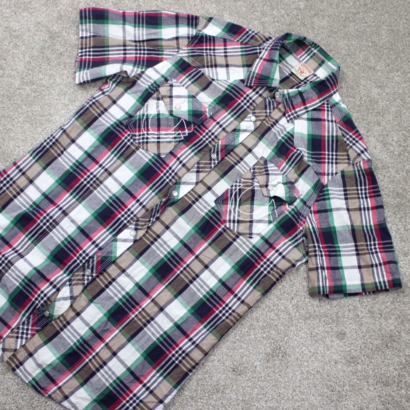 True Religion True Religion Shirt Mens 2XL Plaid Button-Up Snap Short Sleeve Red Green White Gray Cotton 100% Cotton Western Cowboy Vintage No Size US XXL / EU 58 / 5 - 3 Thumbnail