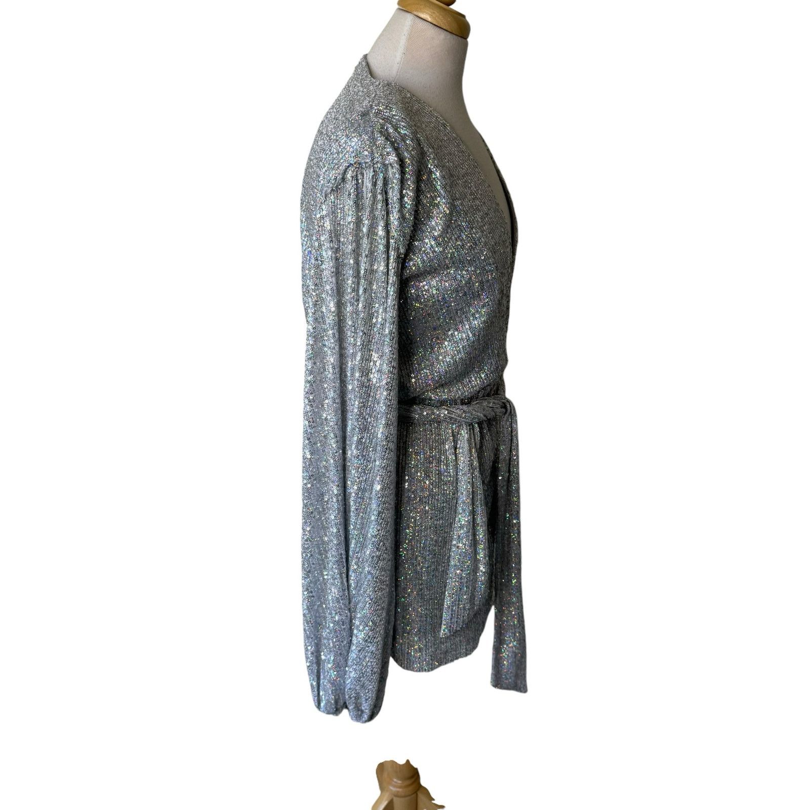 HOUSE OF CB LONDON Silver Sequin Wrap Mini Dress Size XS