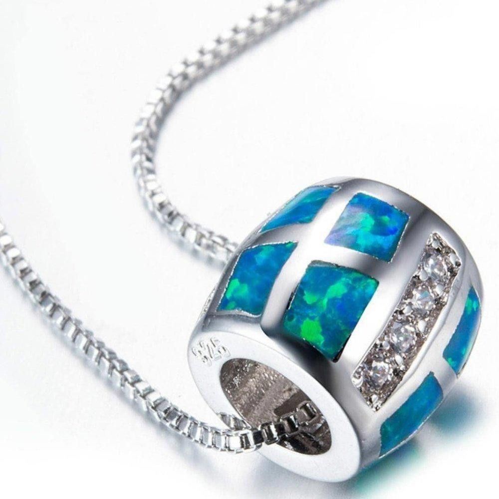 Designer Blue Opal Round Rum Barrel Silver Necklace & Chain Size ONE SIZE - 4 Thumbnail