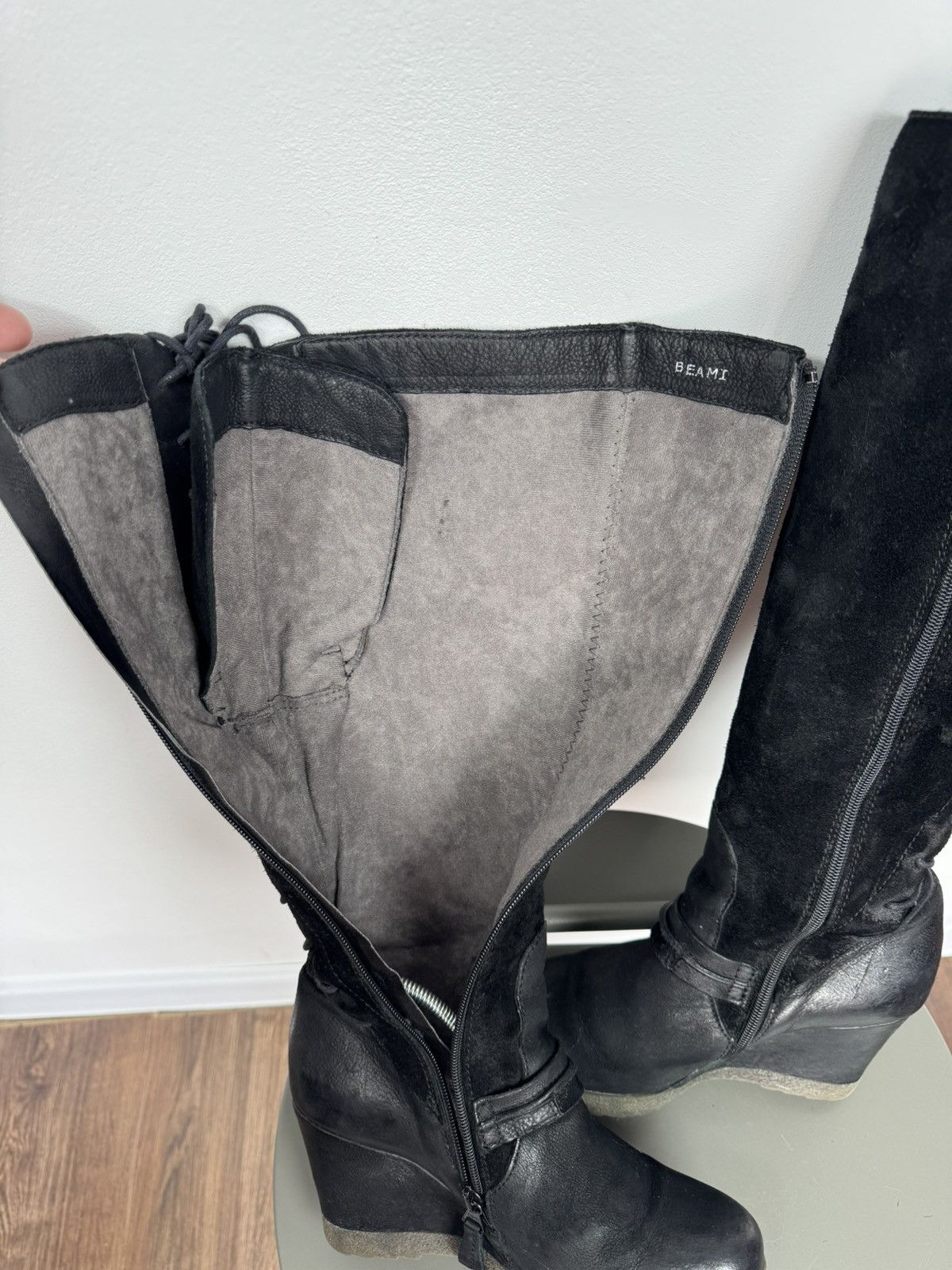 Other Vintage Black Wedge Knee High Boots Back Lace Up Suede EU 38 Size US 7 / IT 37 - 18 Thumbnail