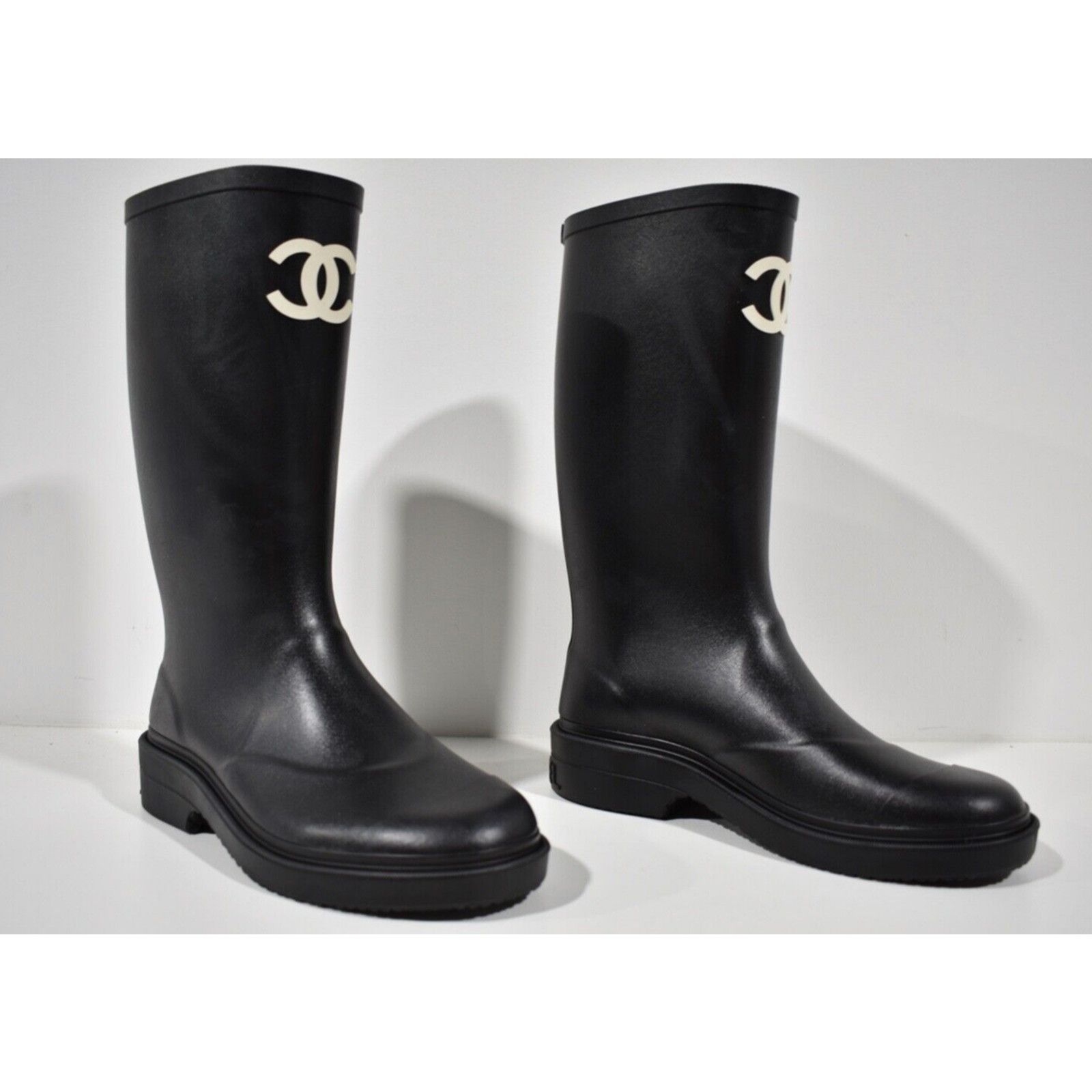 Chanel REV Black White CC Logo High Rubber Rain Boots 35
