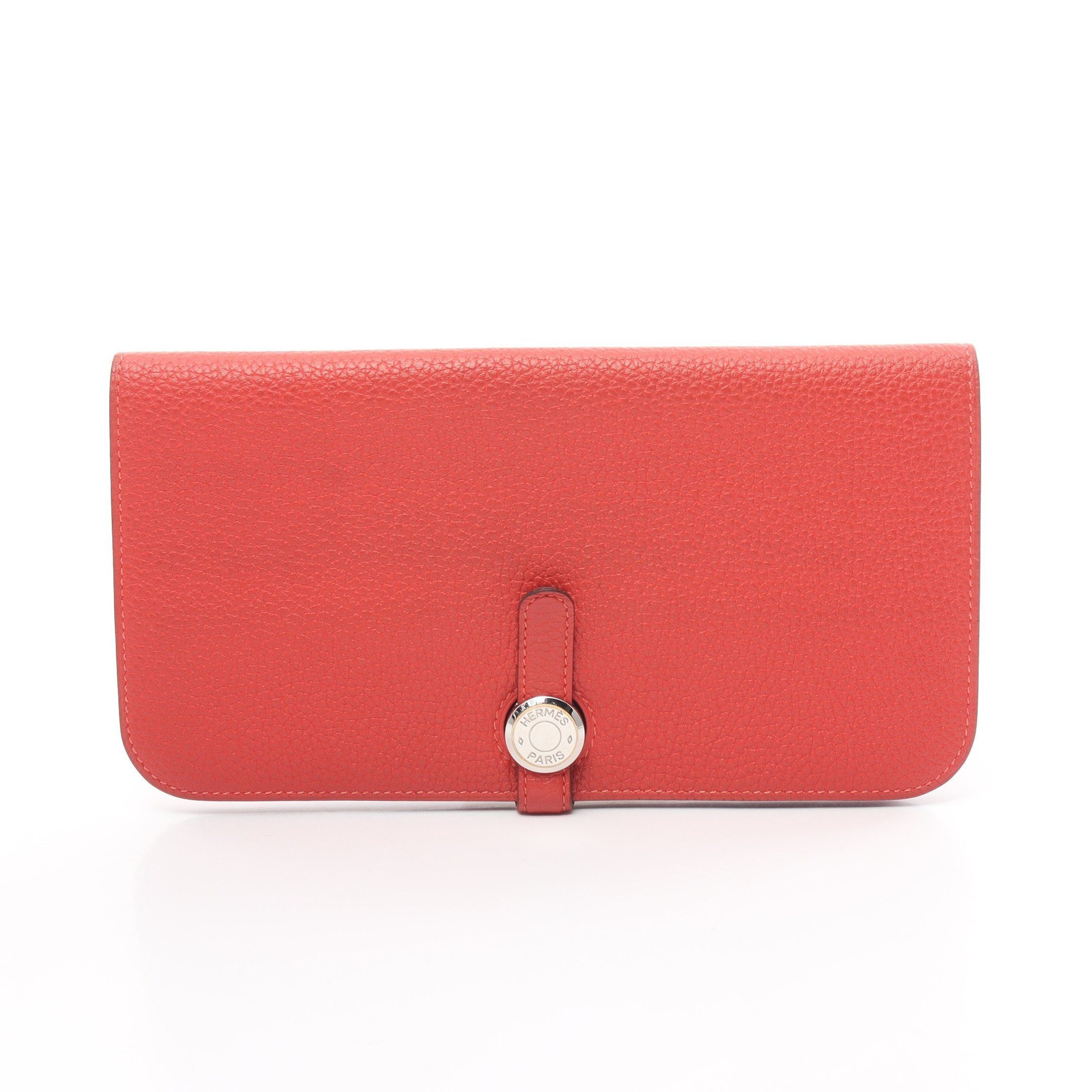 image of Hermes Dogon Long Bi-Fold Long Wallet Togo Red Silver Hardware T Stamp, Women's