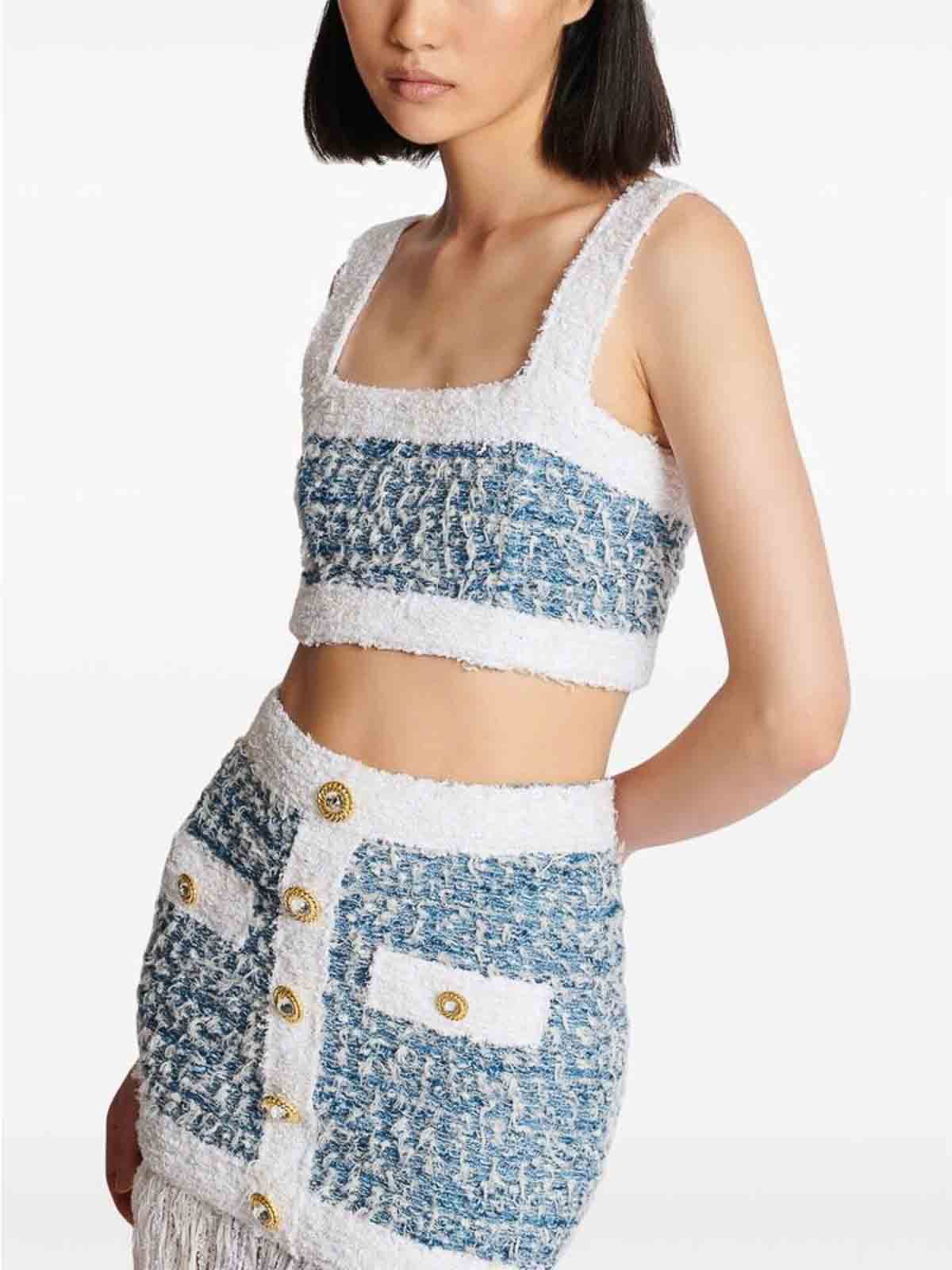 Balmain o1s1wg110825 Tweed Square Neck Top in Blue/White Size M / US 6-8 / IT 42-44 - 3 Thumbnail