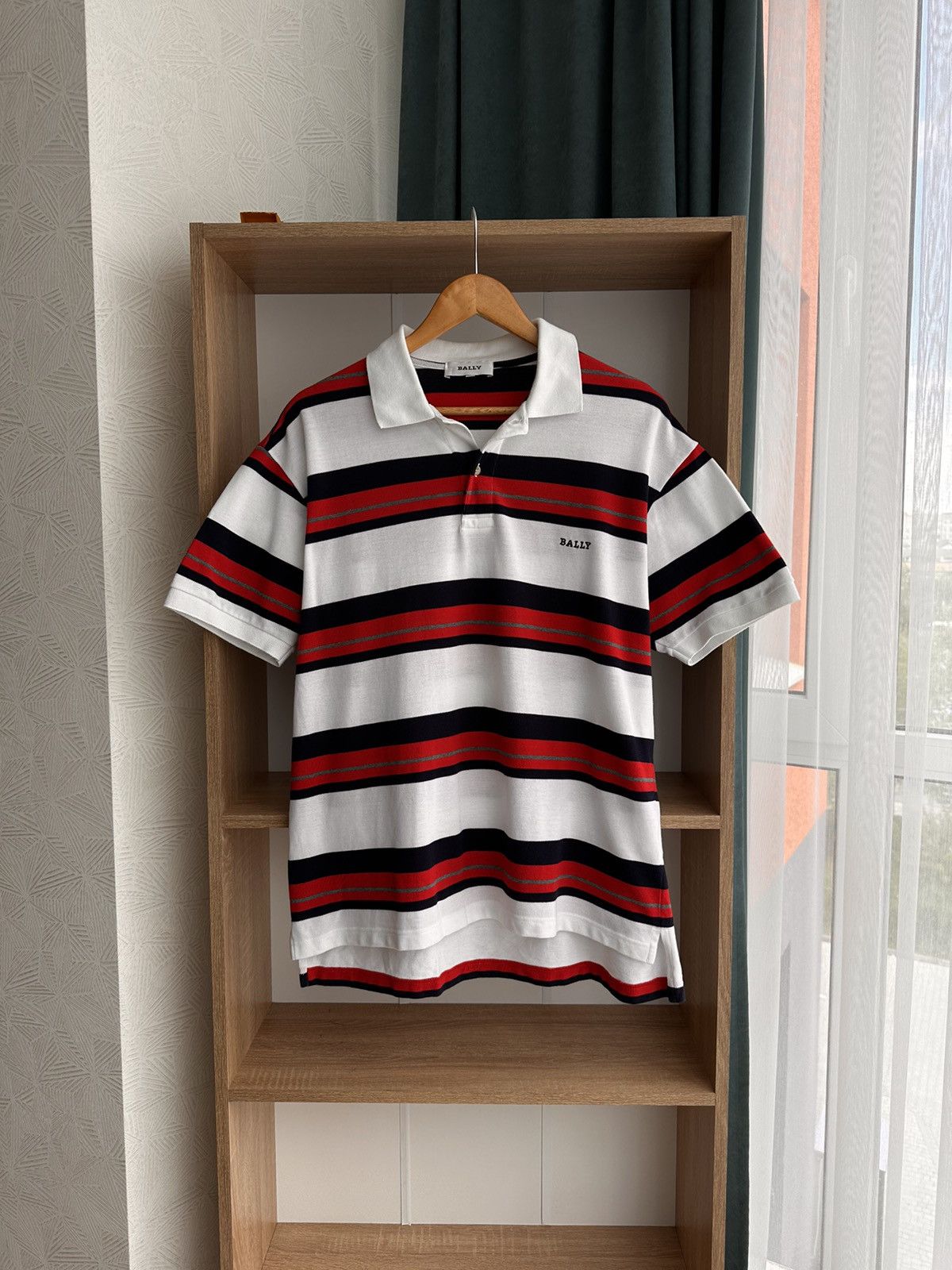 image of Vintage Bally Luxury Striped Polo Shirt in White, Men's (Size Medium)
