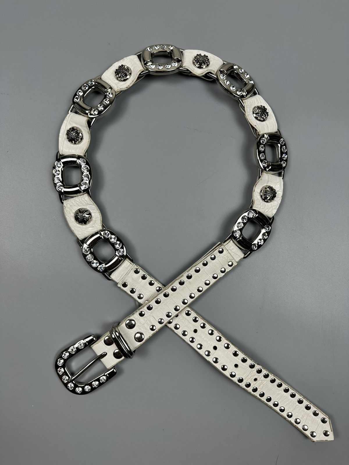 If Six Was Nine Rare Chrome Hearts Inspired White Leather Diamond Studs Belt Size 34 - 8 Thumbnail