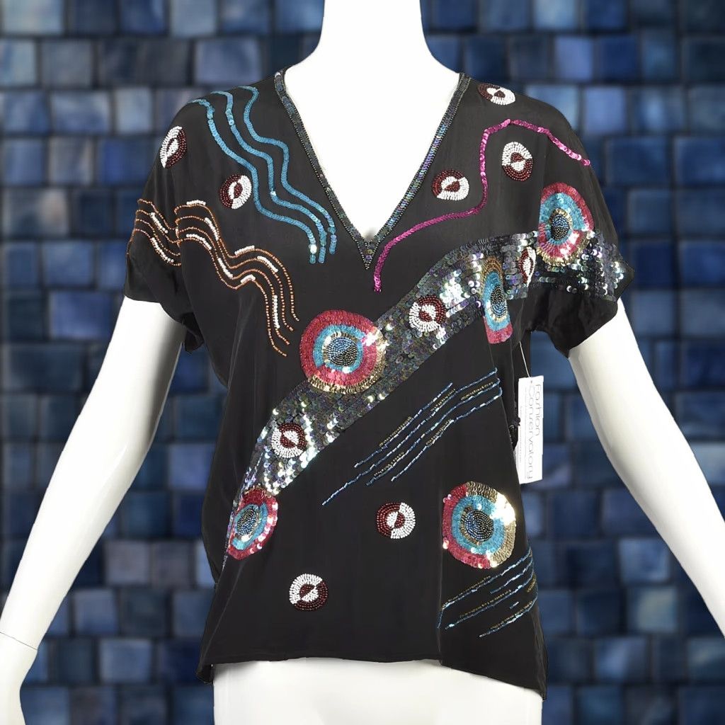 VINTAGE Small 1980s Black Silk Top Abstract Jewel Tone Beading Cocktail Party Blouse Top Argenti Blouse Shoes?