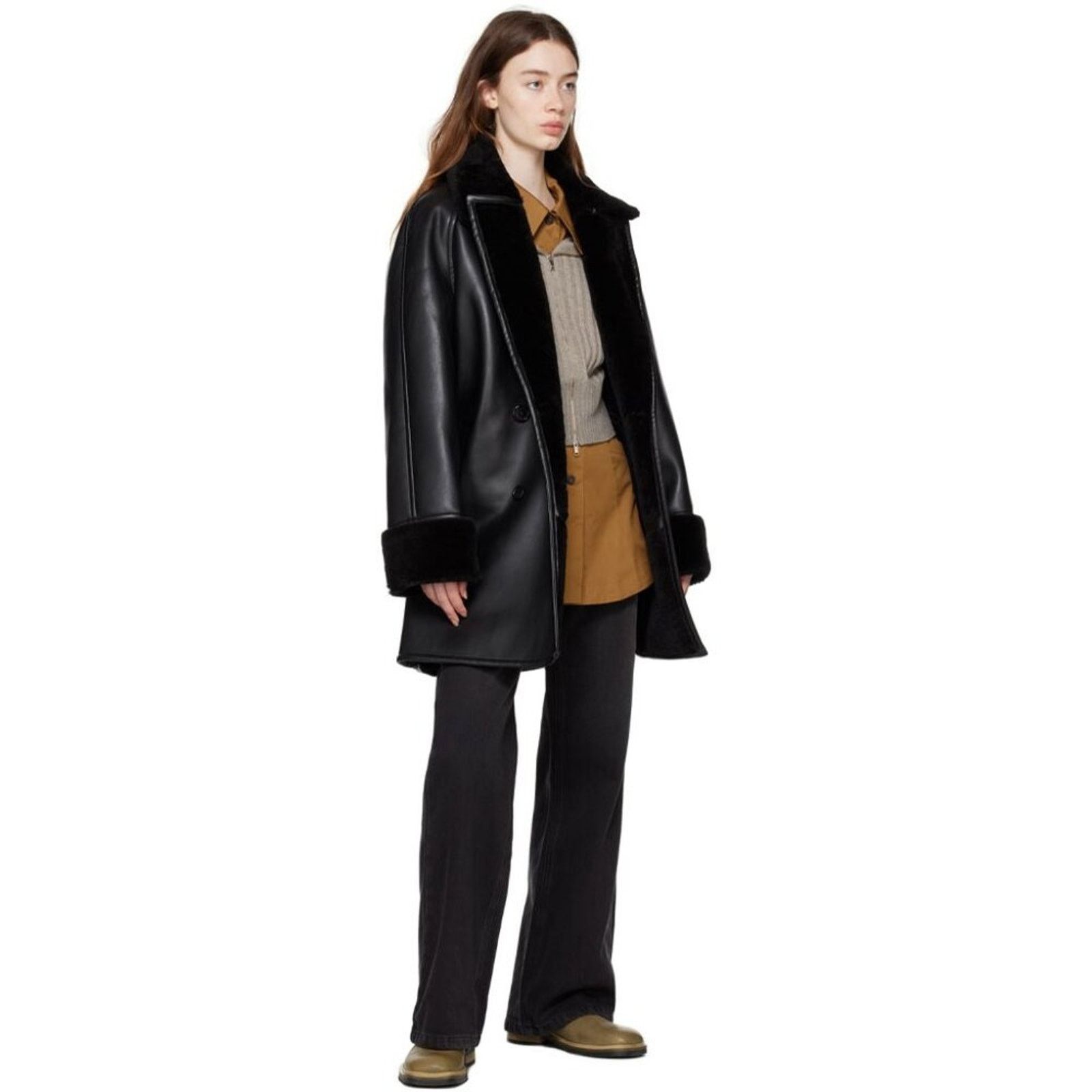SSENSE DRAE Double-Breasted Black Faux-Leather Coat - Size 36 Size S / US 4 / IT 40 - 2 Thumbnail