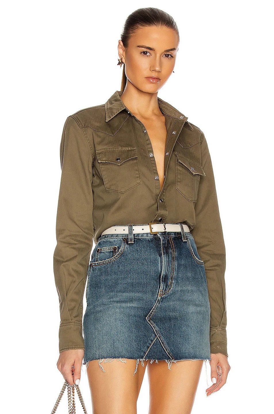 Saint Laurent Paris Khaki Classic Western Distressed Denim Shirt Size S / US 4 / IT 40 - 1 Thumbnail