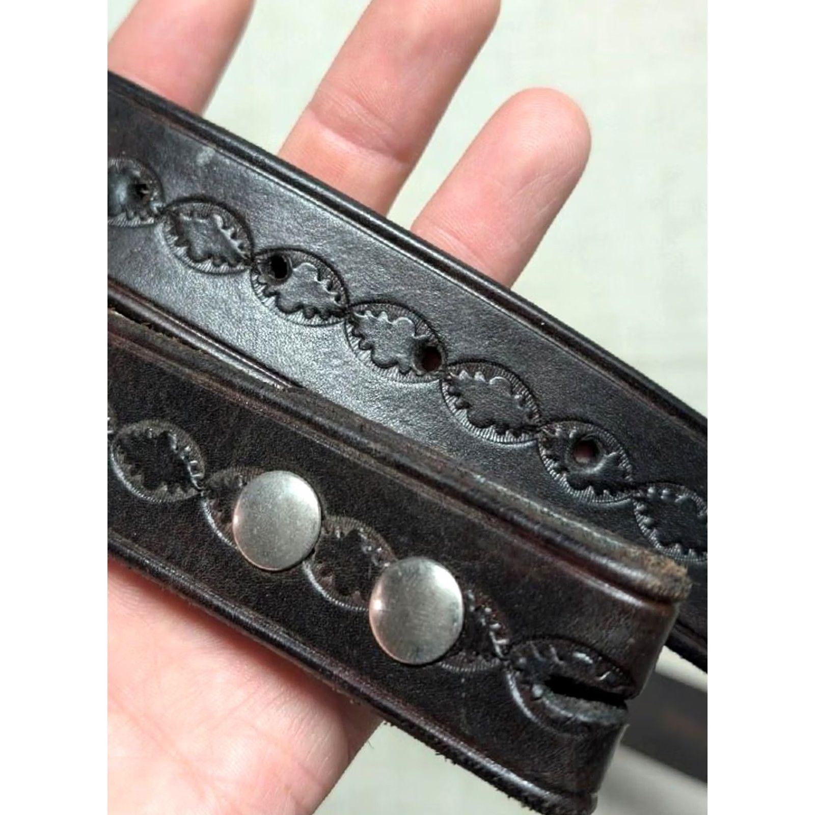 Vintage VINTAGE WESTERN leather Belt 40 brown GEOMETRIC COWBOY handcrafted TOOLED buckle Size 40 - 2 Thumbnail