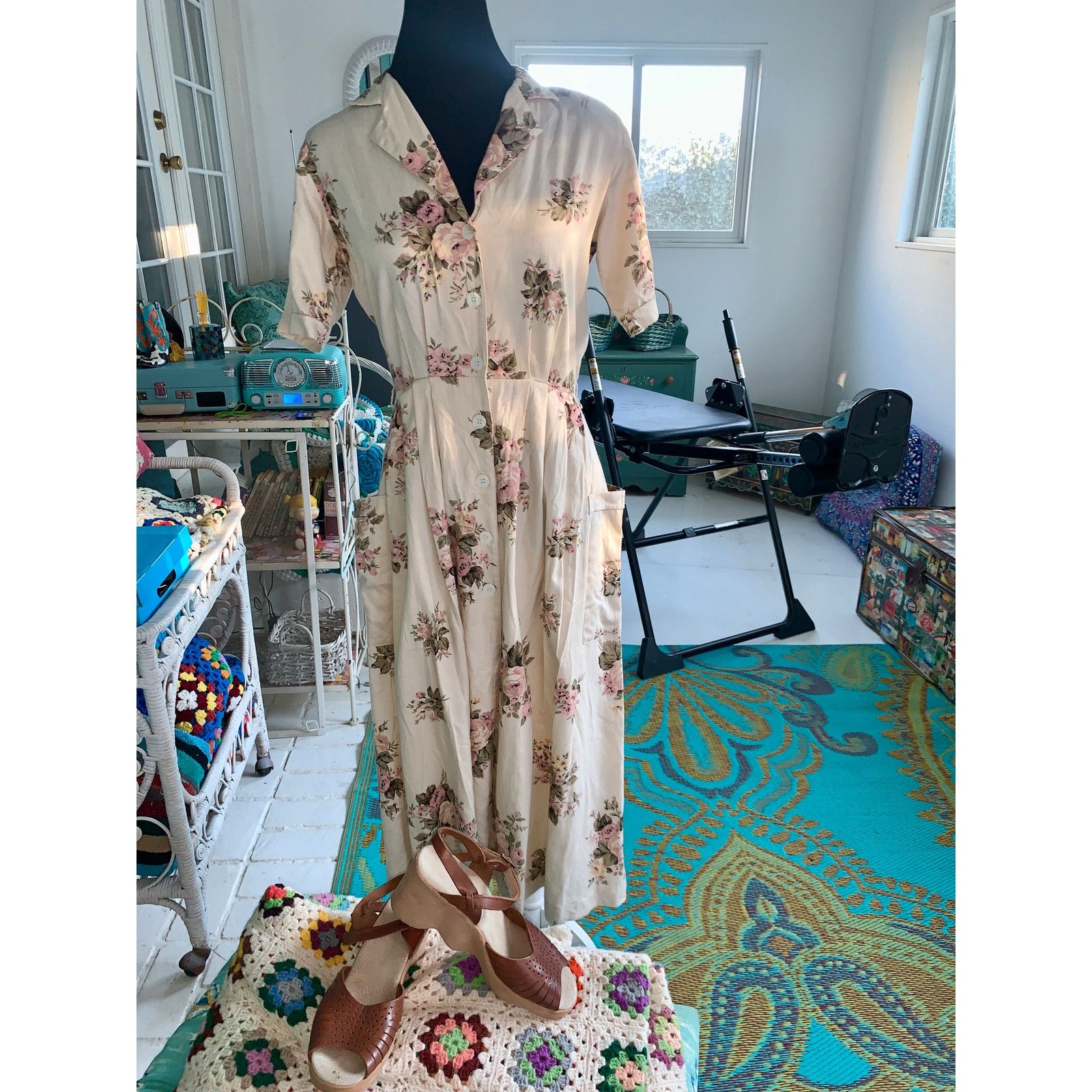 Other VINTAGE 80s BRITISH KHAKI ROBERT LIGHTON FLORAL TEA DRESS Size S / US 4 / IT 40 - 15 Thumbnail