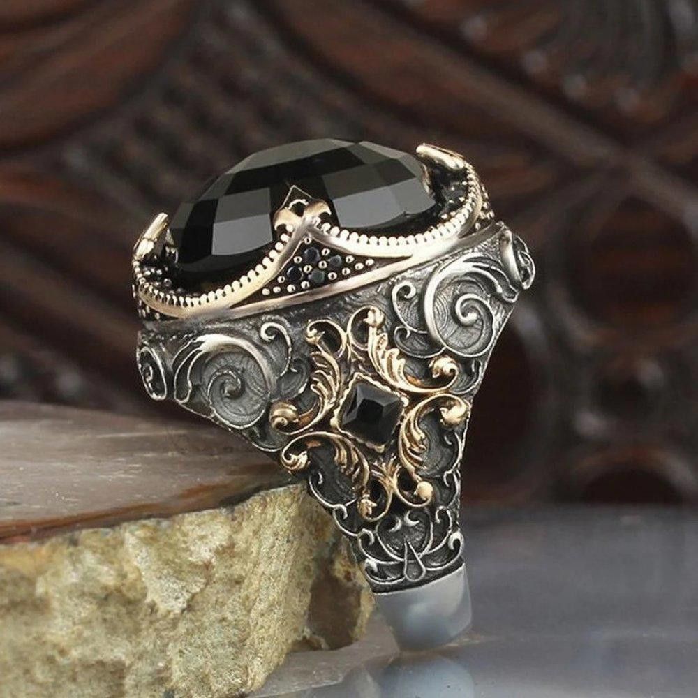 Designer Men's 925 Sterling Silver Black Diamond Handmade Ring Size ONE SIZE - 3 Thumbnail