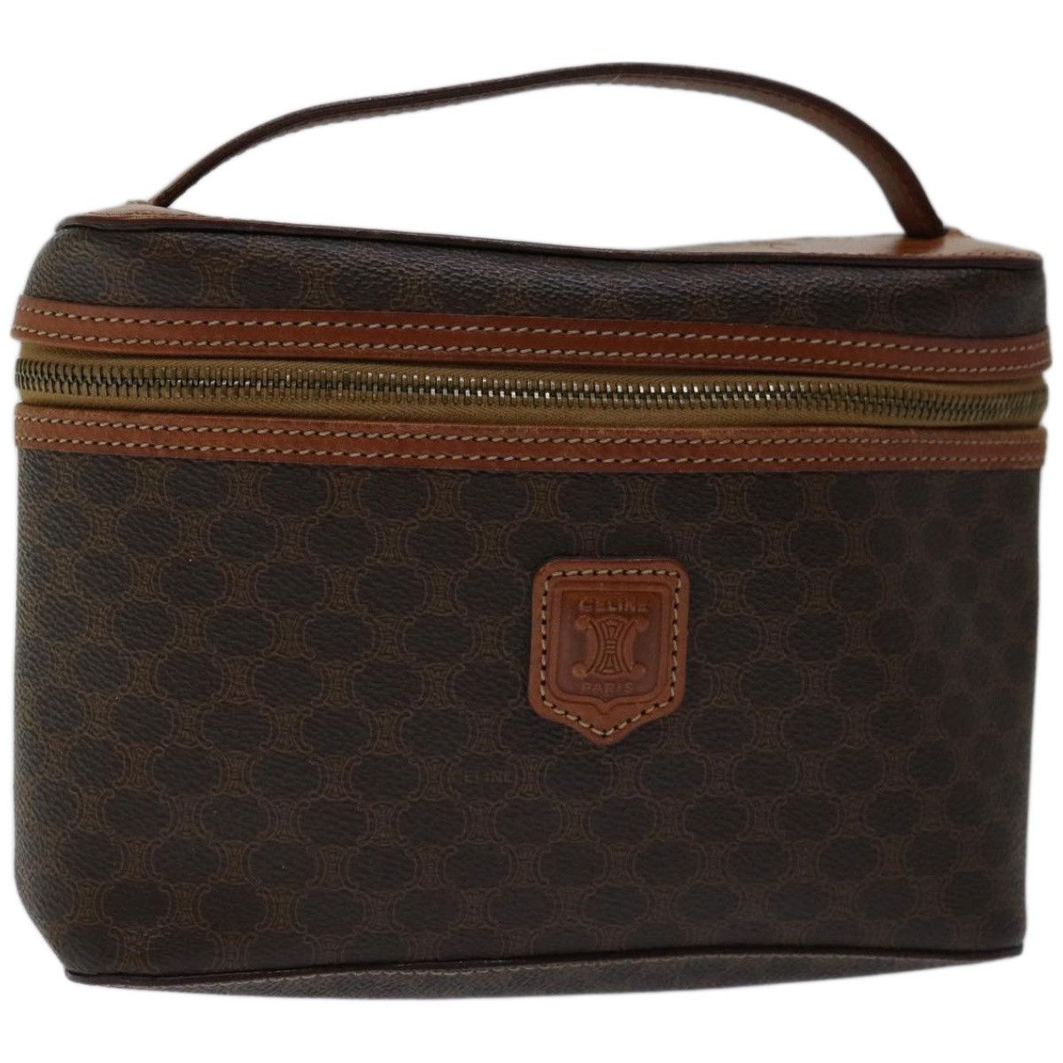 image of Celine Macadam Canvas Vanity Cosmetic Pouch Pvc Leather Brown Auth 67003, Women's