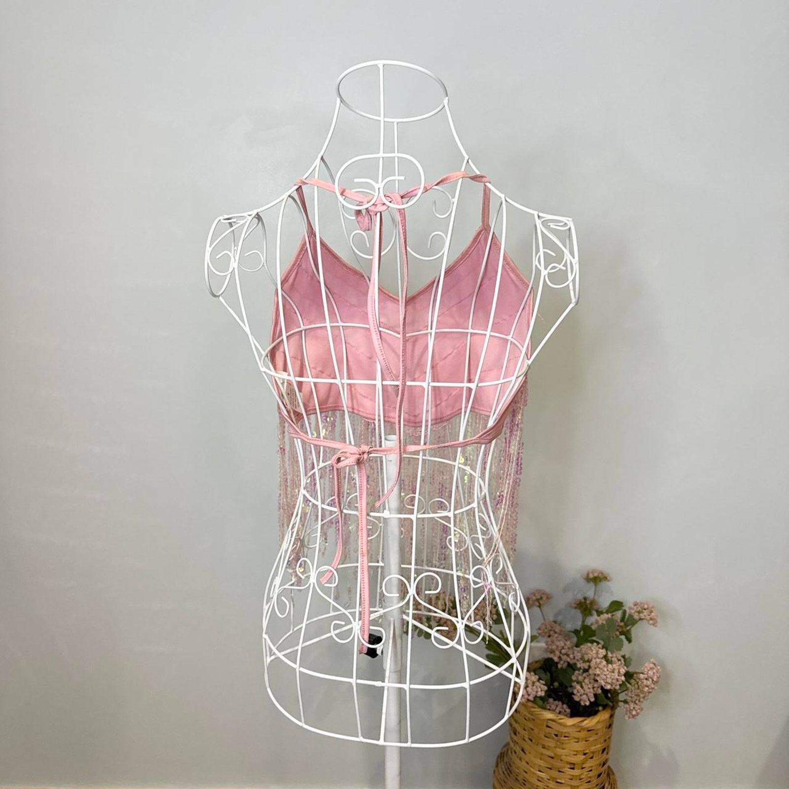 Other Pink vintage 90s y2k sparkly sequin beaded fringe halter top Size S / US 4 / IT 40 - 3 Thumbnail