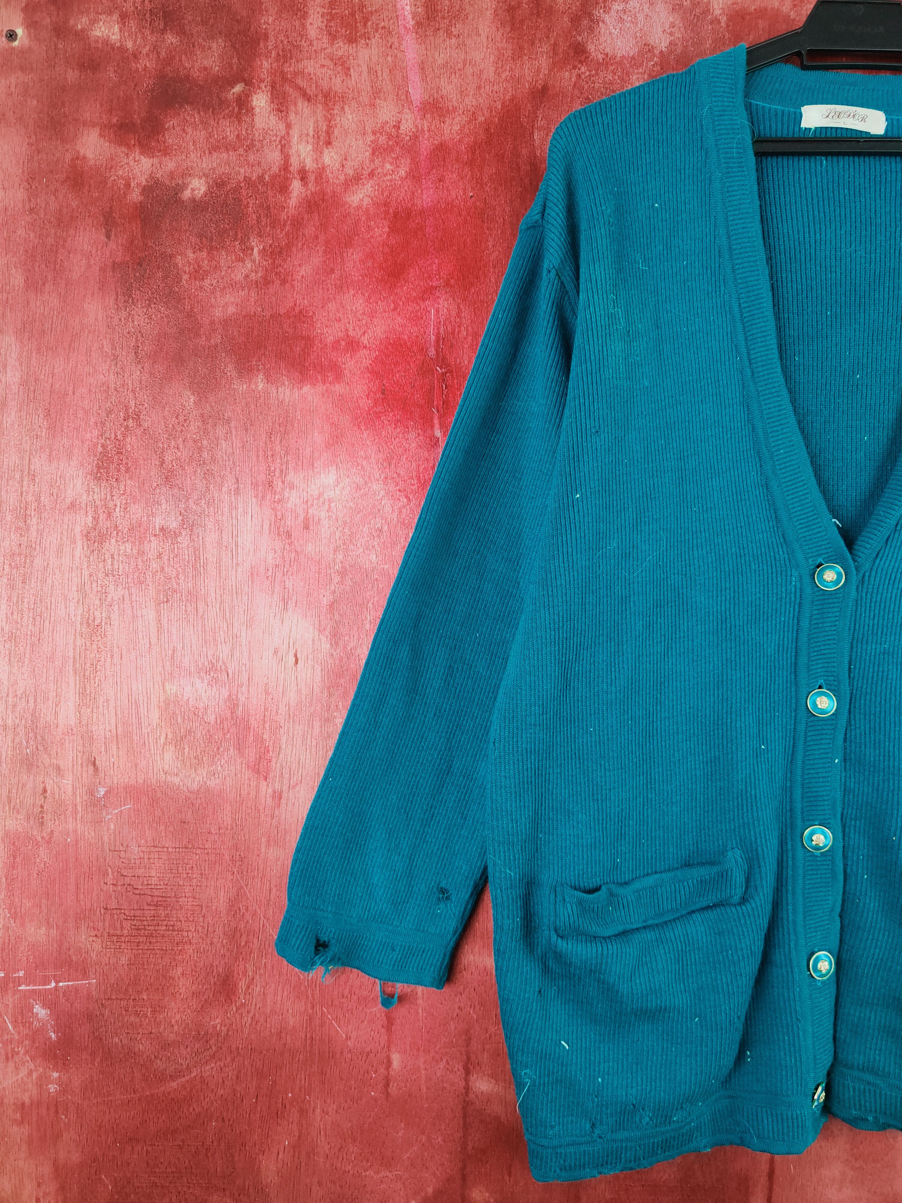 Japanese Brand × Vintage Leod'or Turquoise distressed ripped Knitwear Cardigan #S2012 Size L / US 10 / IT 46 - 3 Thumbnail