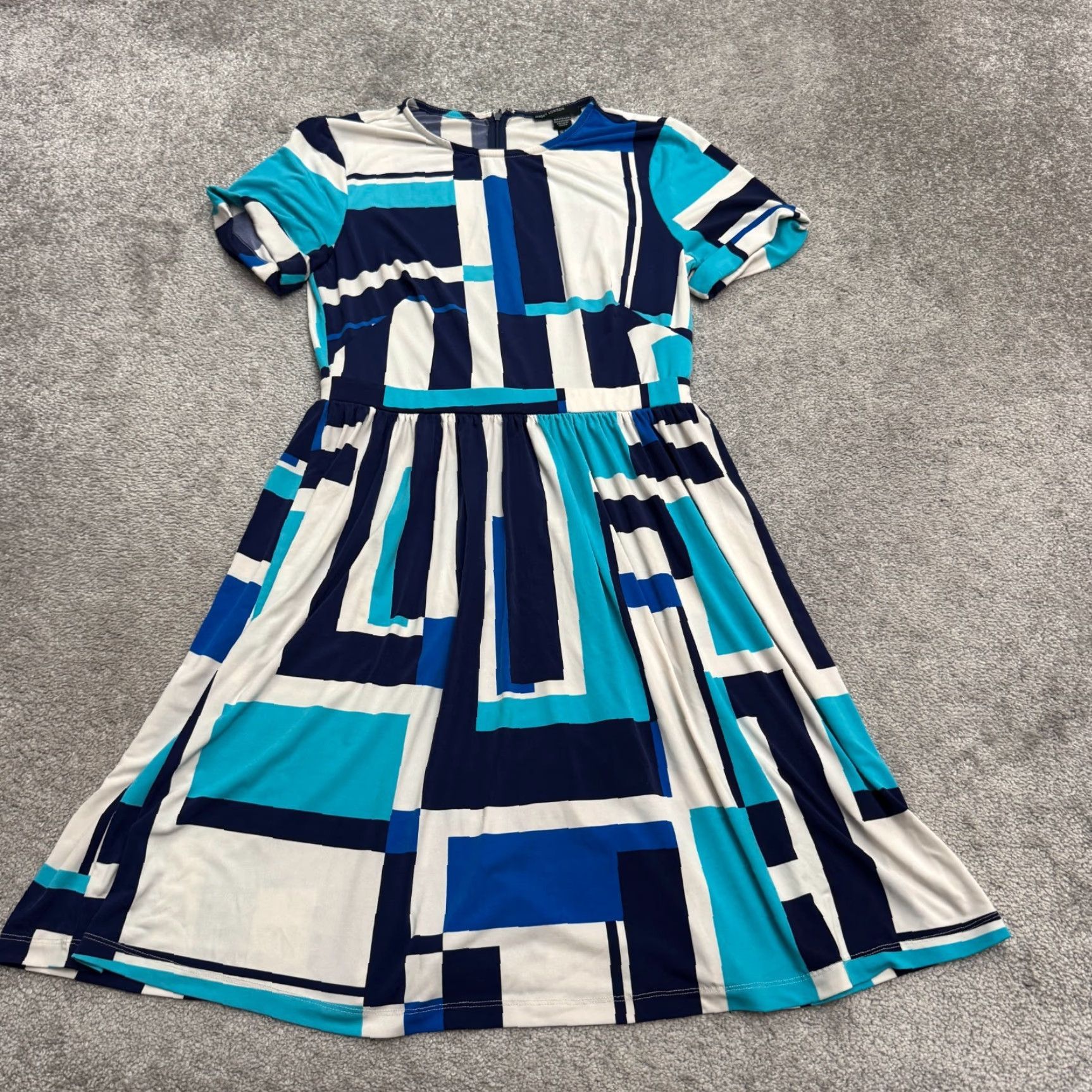 MAGGY LONDON Maggy London Geometric Dress A-Line Womens 6 Blue Short Sleeve Midi Size 28" / US 6 / IT 42 - 2 Thumbnail