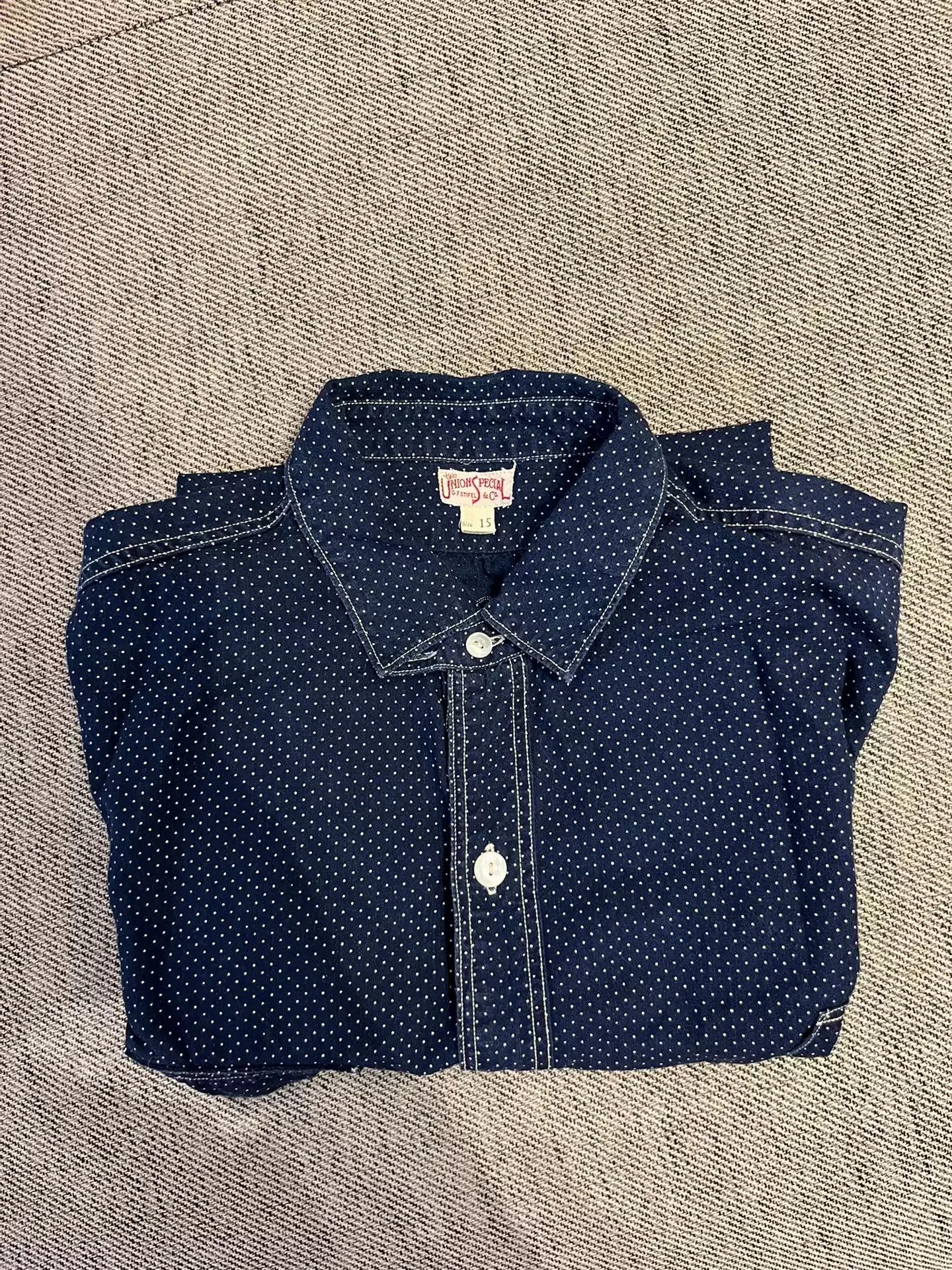 image of Freewheelers Dot Discharge Short Sleeve Tooling Shirt in Blue, Men's (Size Medium)