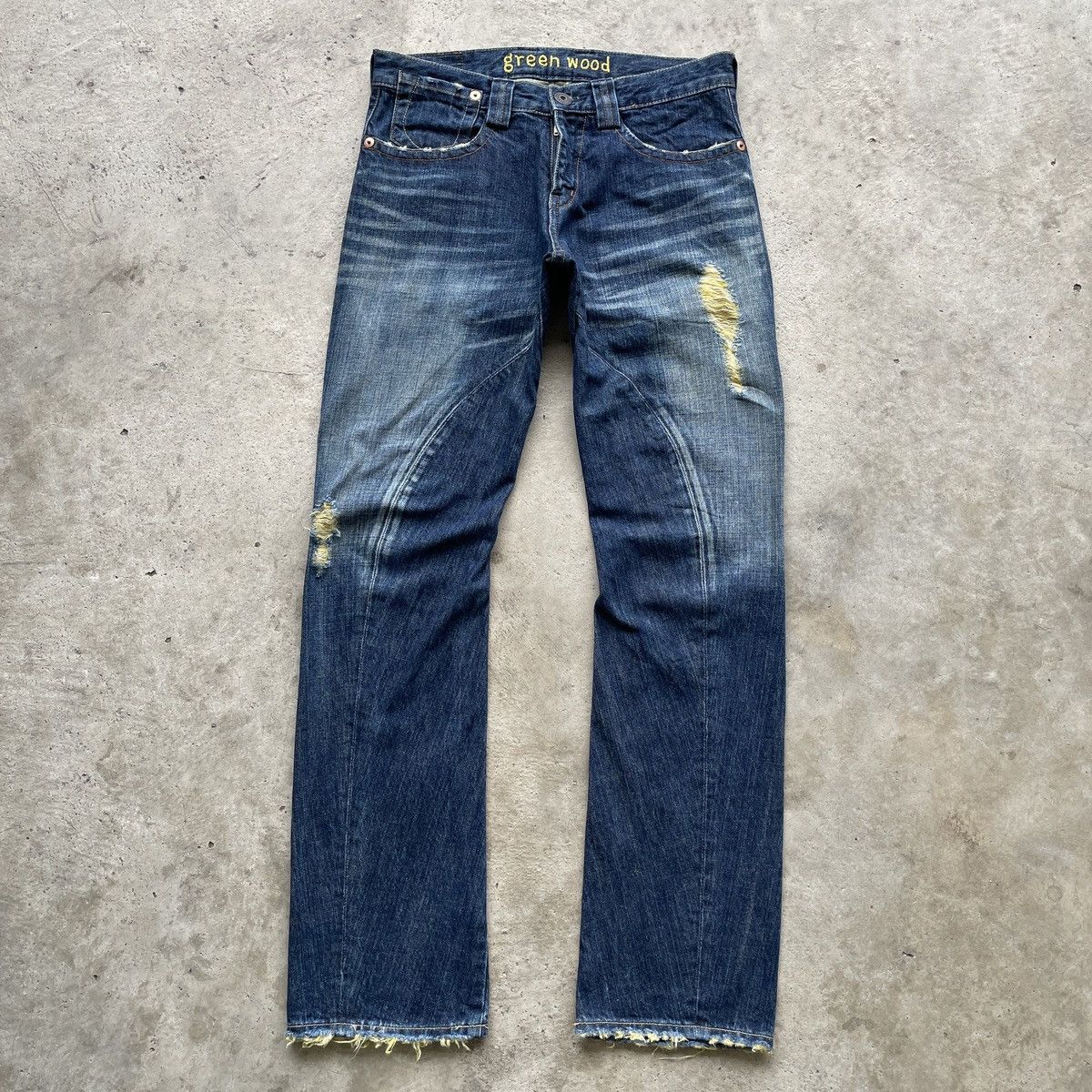 Japanese Brand × Jean Vintage Green Wood Japan Distressed Faded Jeans Denim Pants Size US 31 - 1 Thumbnail