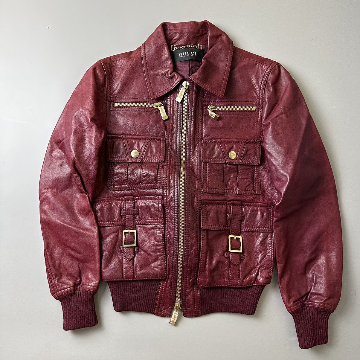 image of Gucci By Tom Ford Burgundy Leather Jacket in Burgandy, Women's (Size XS)