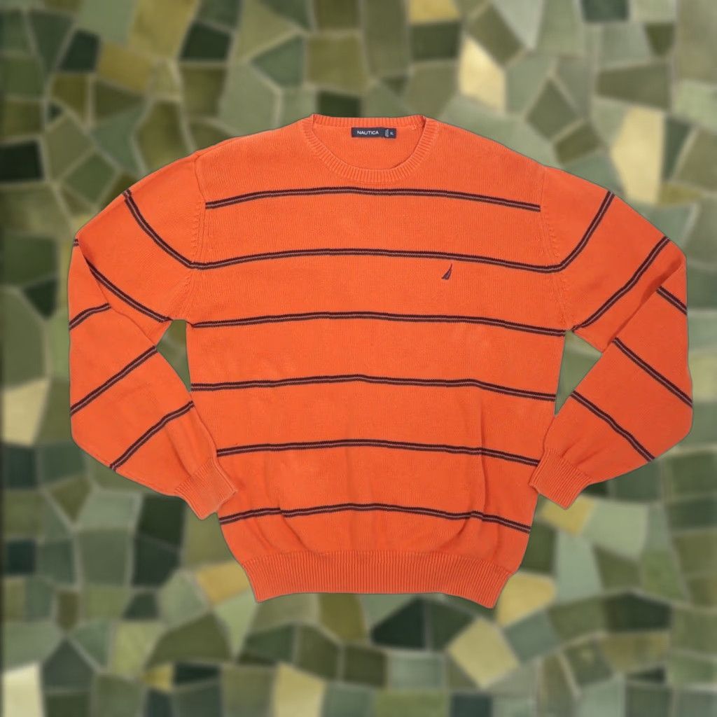Nautica VINTAGE Nautica Sweater Shirt Pullover Crew Neck 90s Orange Navy Stripe Mens XL Cotton Knit Long Sleeve Size US XL / EU 56 / 4 - 1 Thumbnail
