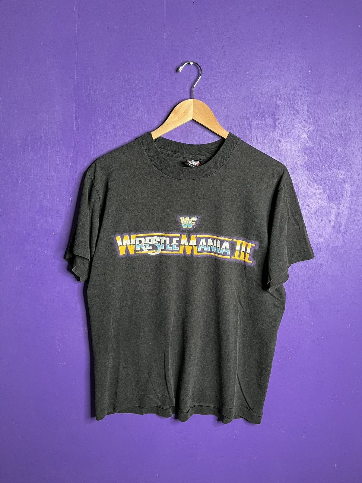 image of Made In USA x Vintage 1987 Wrestlemania Iii Michigan Logo T-Shirt in Black, Men's (Size Large)