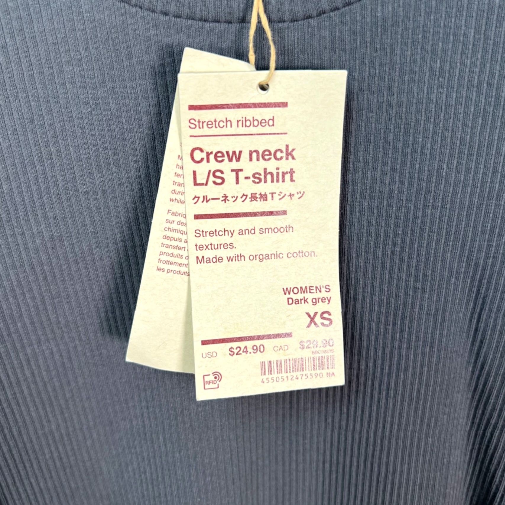 Muji MUJI Womens XS Dark Grey Ribbed Crew Neck Long Sleeve T-Shirt Organic Blend NEW Size XS / US 0-2 / IT 36-38 - 4 Thumbnail