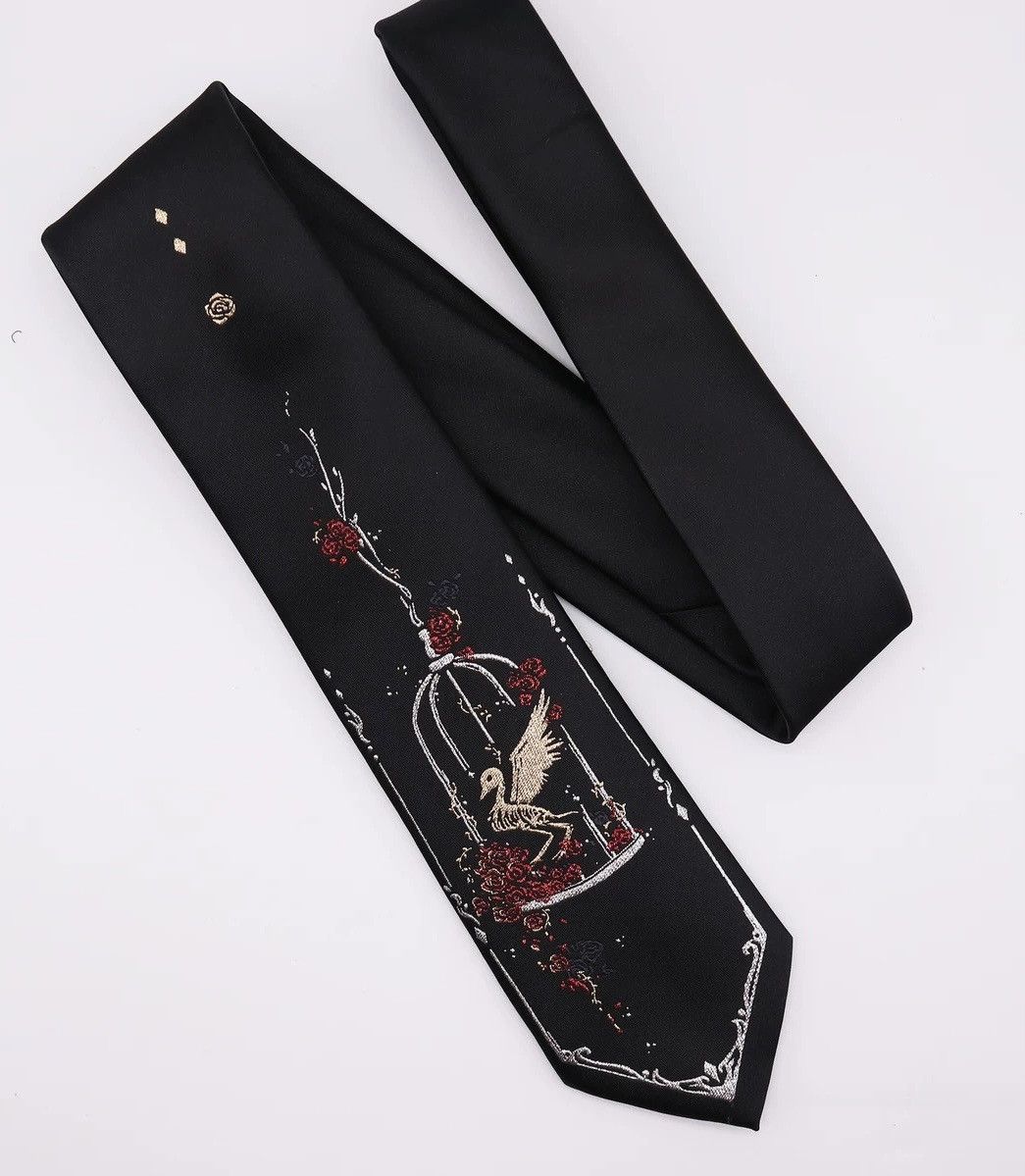 Japanese Brand × Vintage Avant garde punk anime bird skeleton in cage jacquard tie Size ONE SIZE - 1 Thumbnail