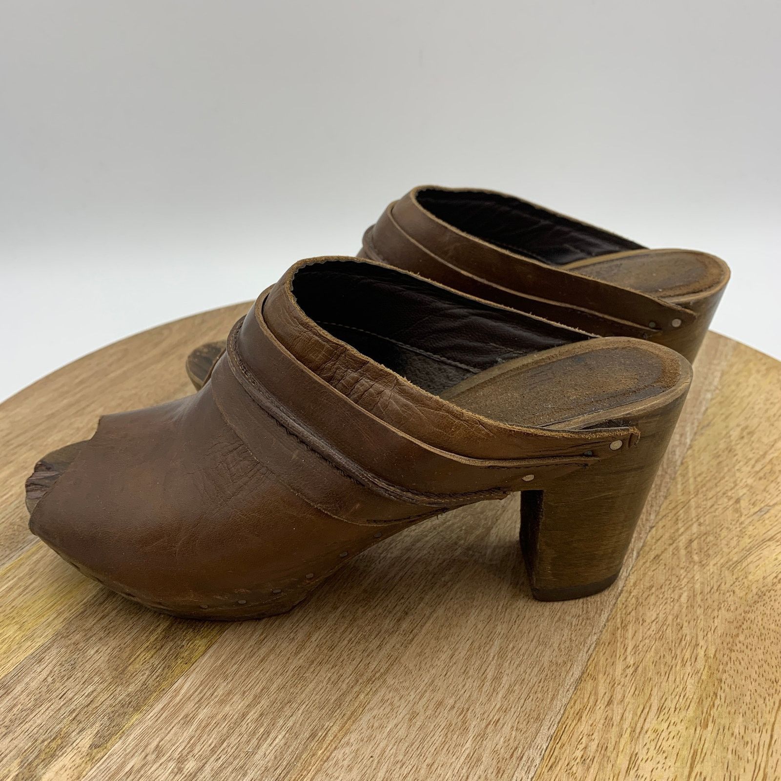 Other Vialis Wooden Peep Toe Mules Clogs Leather Brown Size US 8 / IT 38 - 8 Thumbnail