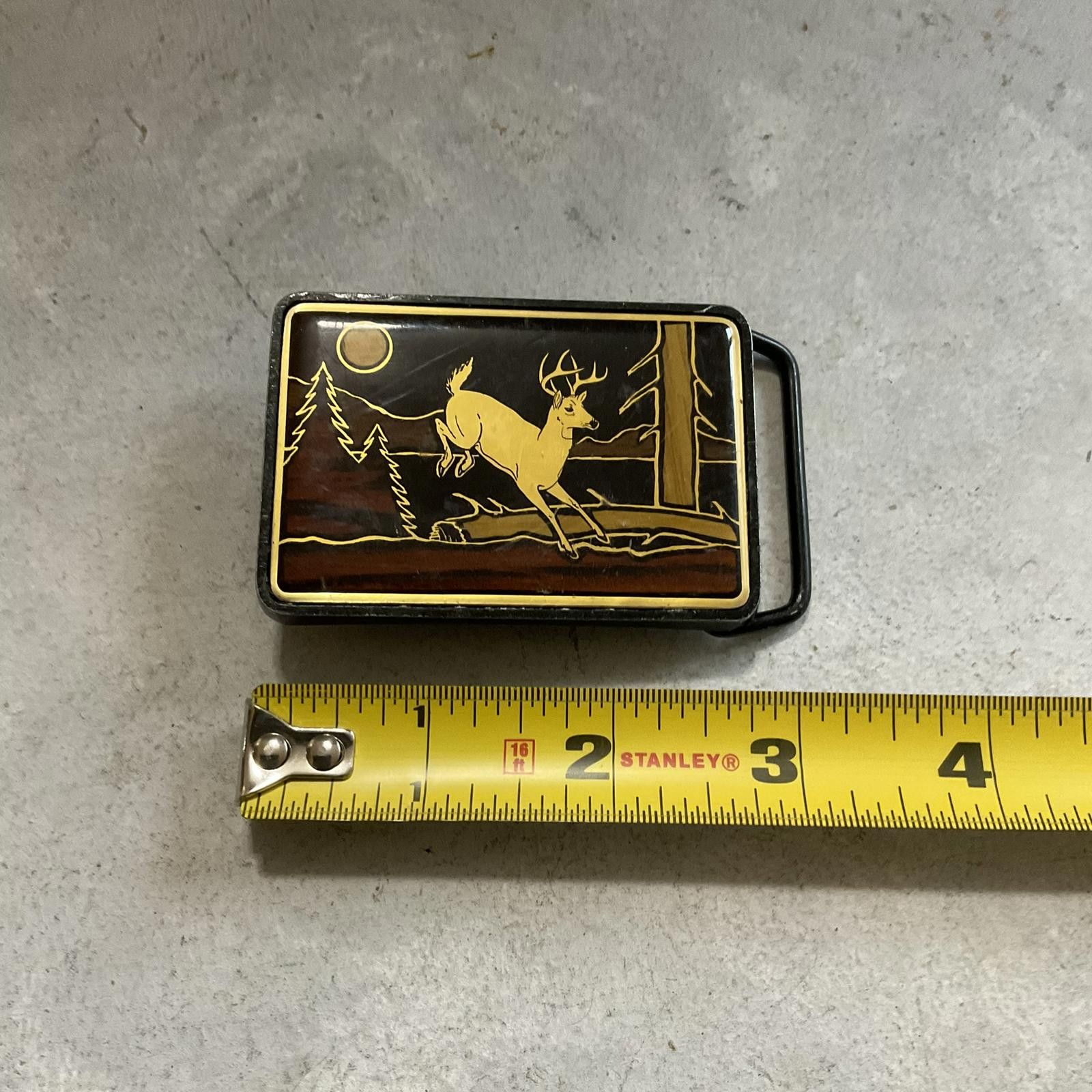 Vintage vintage 1984 wood inlay deer solid brass belt buckle Size ONE SIZE - 4 Thumbnail