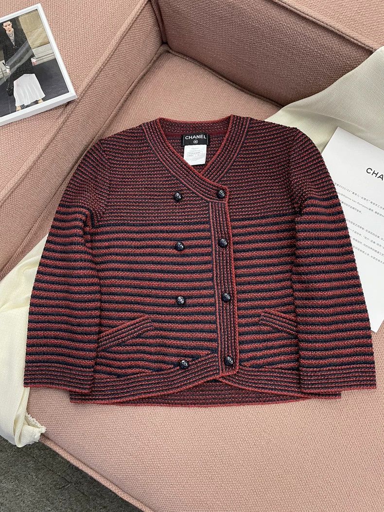 Chanel Chanel Red Black Stripe Knit Cardigan Coat Size US M / EU 48-50 / 2 - 1 Thumbnail