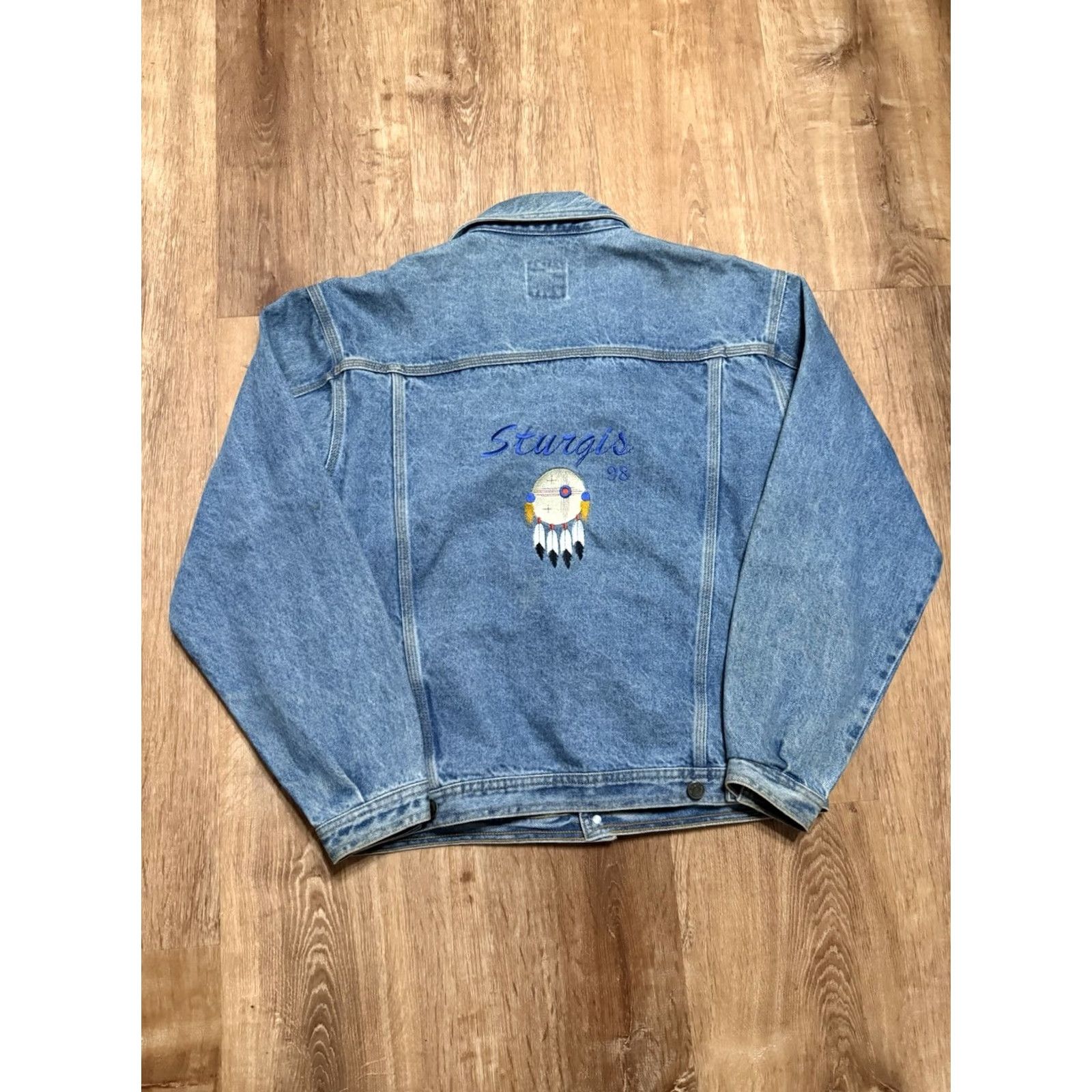 Native VINTAGE Sturgis 1998 Denim Jean Jacket Embroidered Mens Small Native Biker Jacket Denim Blue Embroidered Mens Biker Size US 29 - 2 Thumbnail