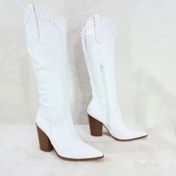 Other White Matte Western Knee High Cowgirl Boots Weave Design Size US 11 / IT 41 - 3 Thumbnail
