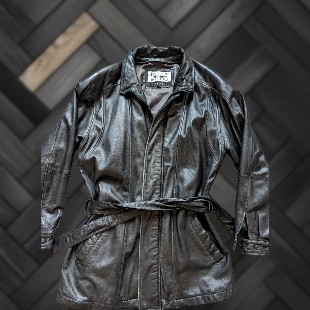 Vintage VINTAGE Wilsons Leather Coat L Leather Coat Mens Black Belted Trenchcoat 1990s 2000s 44in Chest Snap Zip Closure Size US L / EU 52-54 / 3 - 1 Thumbnail