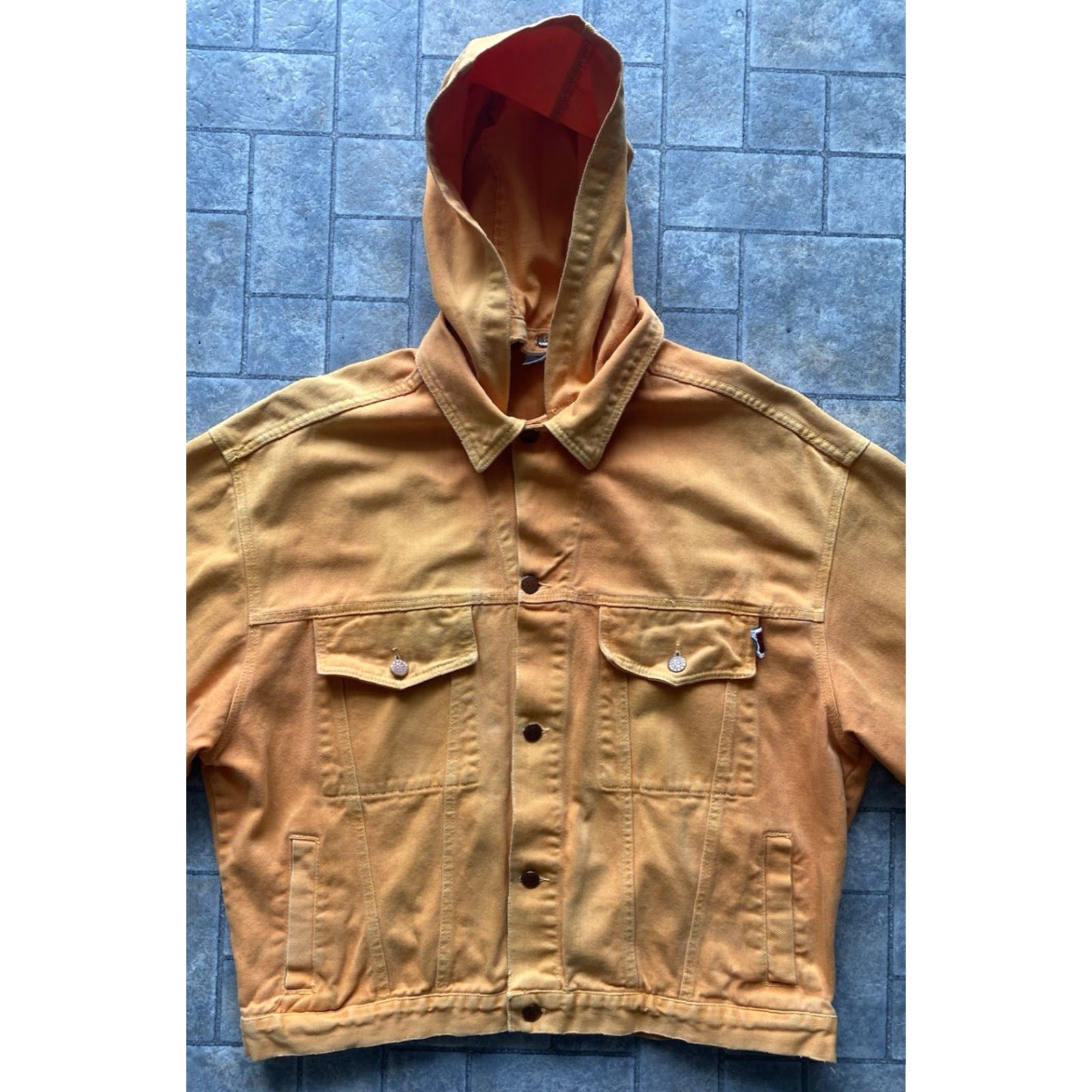 Vintage Cross Colours Denim Trucker Jacket Hooded Adult Orange Size 2 USA Made Hip Hop 1990s Mens Size US XS / EU 42 / 0 - 4 Thumbnail