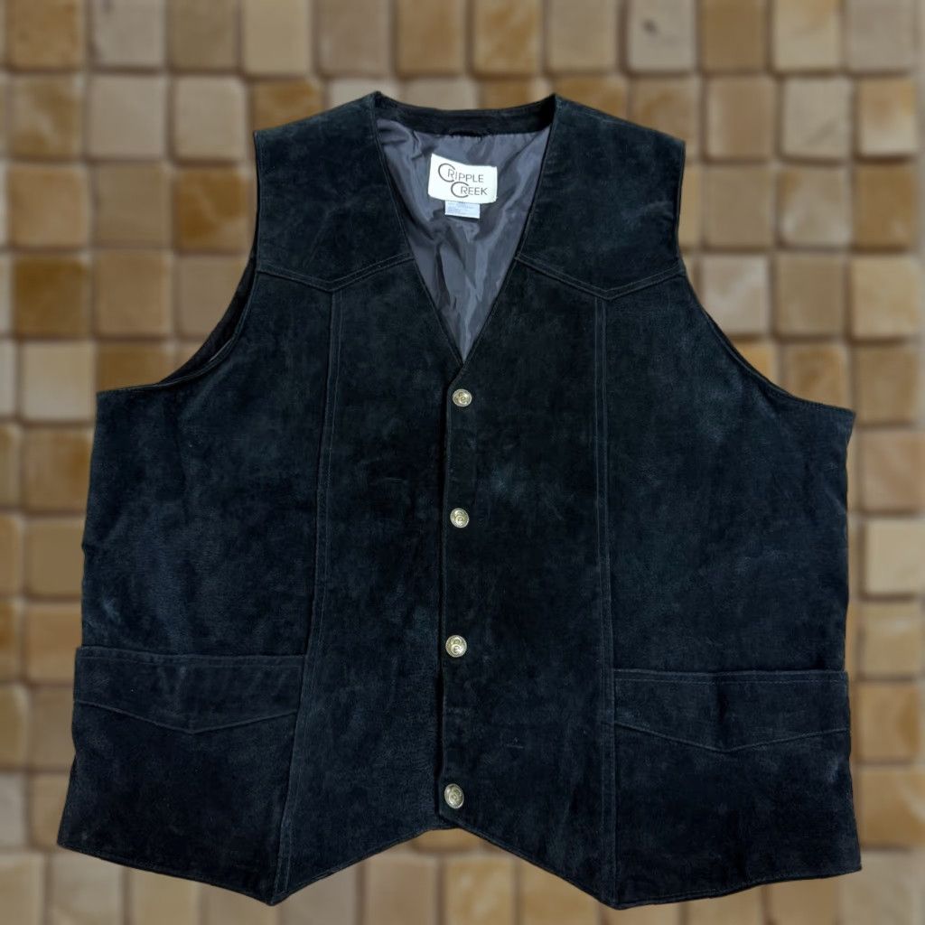 CRIPPLE CREEK Vest - Western Suede Snap Vest Men 3XL Black Suede Leather Lined Vintage Western Style Mens Vest