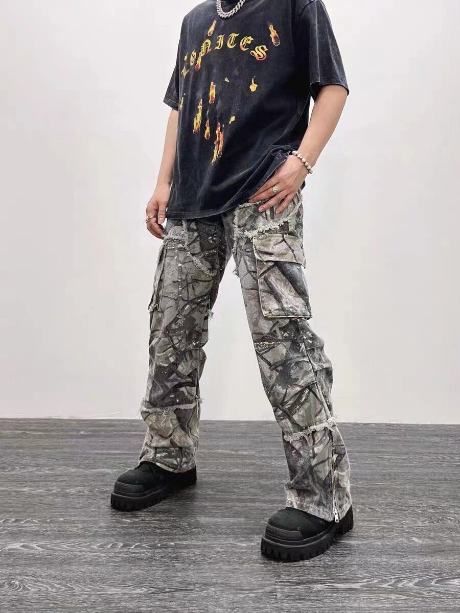 image of Retro Camouflage Irregular Raw Edge Work Jeans in Camouflage Green, Men's (Size 32)