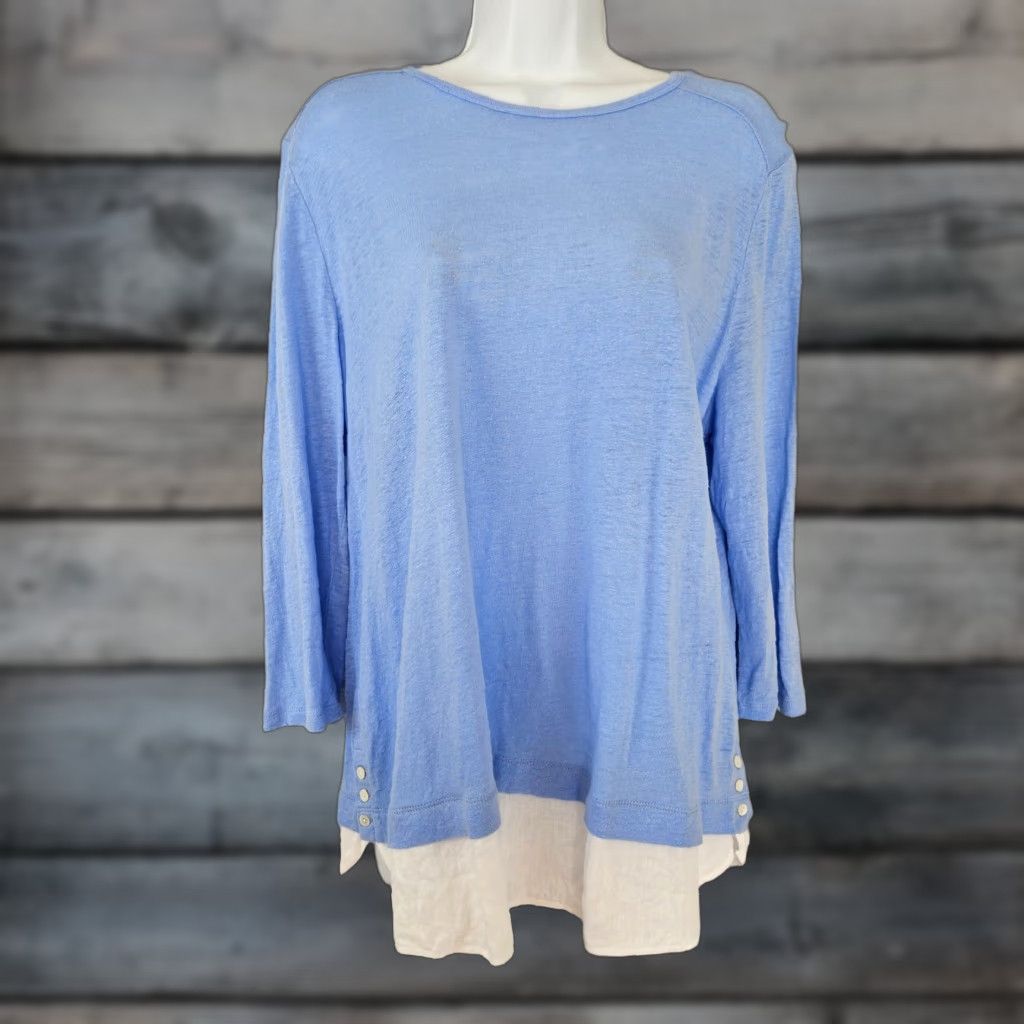 J. Jill J Jill Love Linen Womens Top L Blue 3/4 Sleeve Blouse Shirt Womens LS Large Linen Love Size L / US 10 / IT 46 - 1 Thumbnail